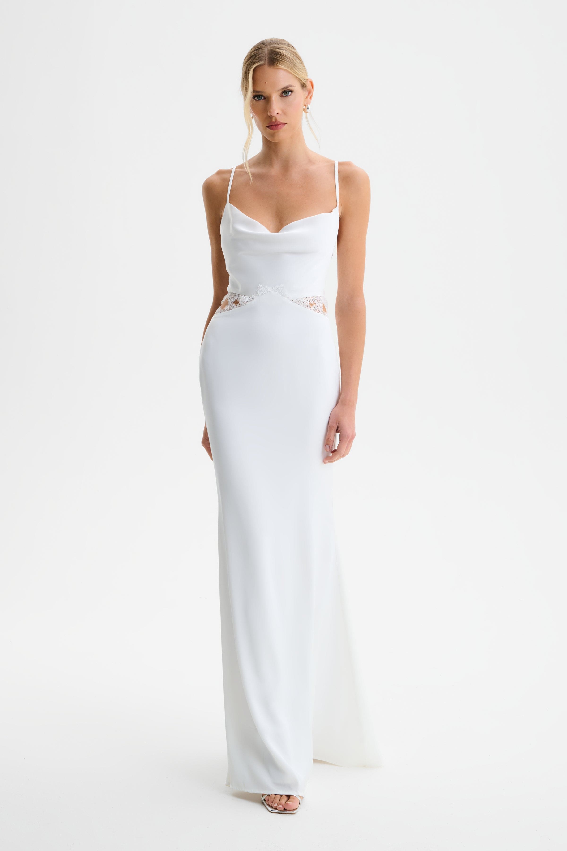MAY Lace Insert Satin Maxi Dress in White