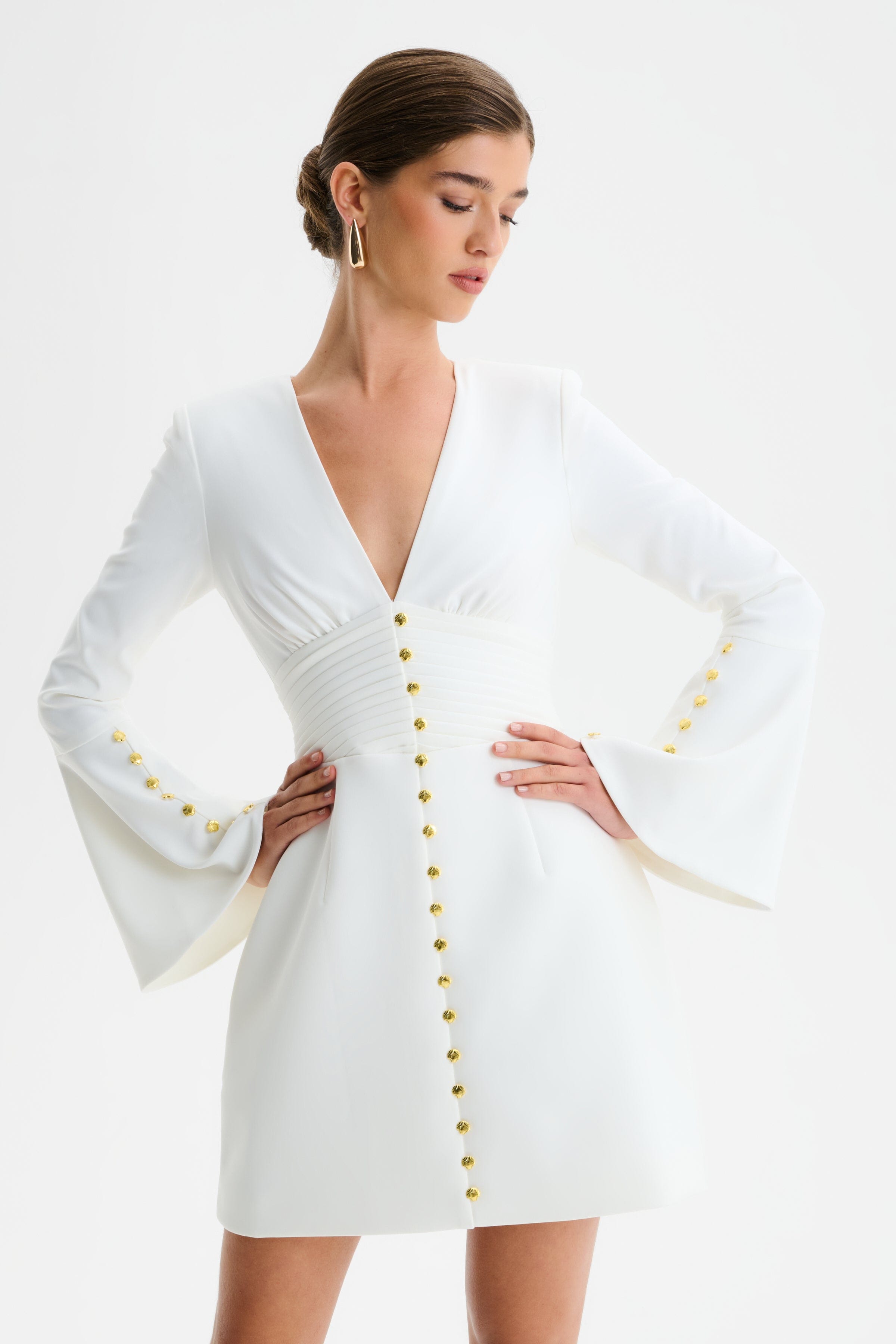 LARA Fluted Sleeve Micro Shell Button Mini Dress in White