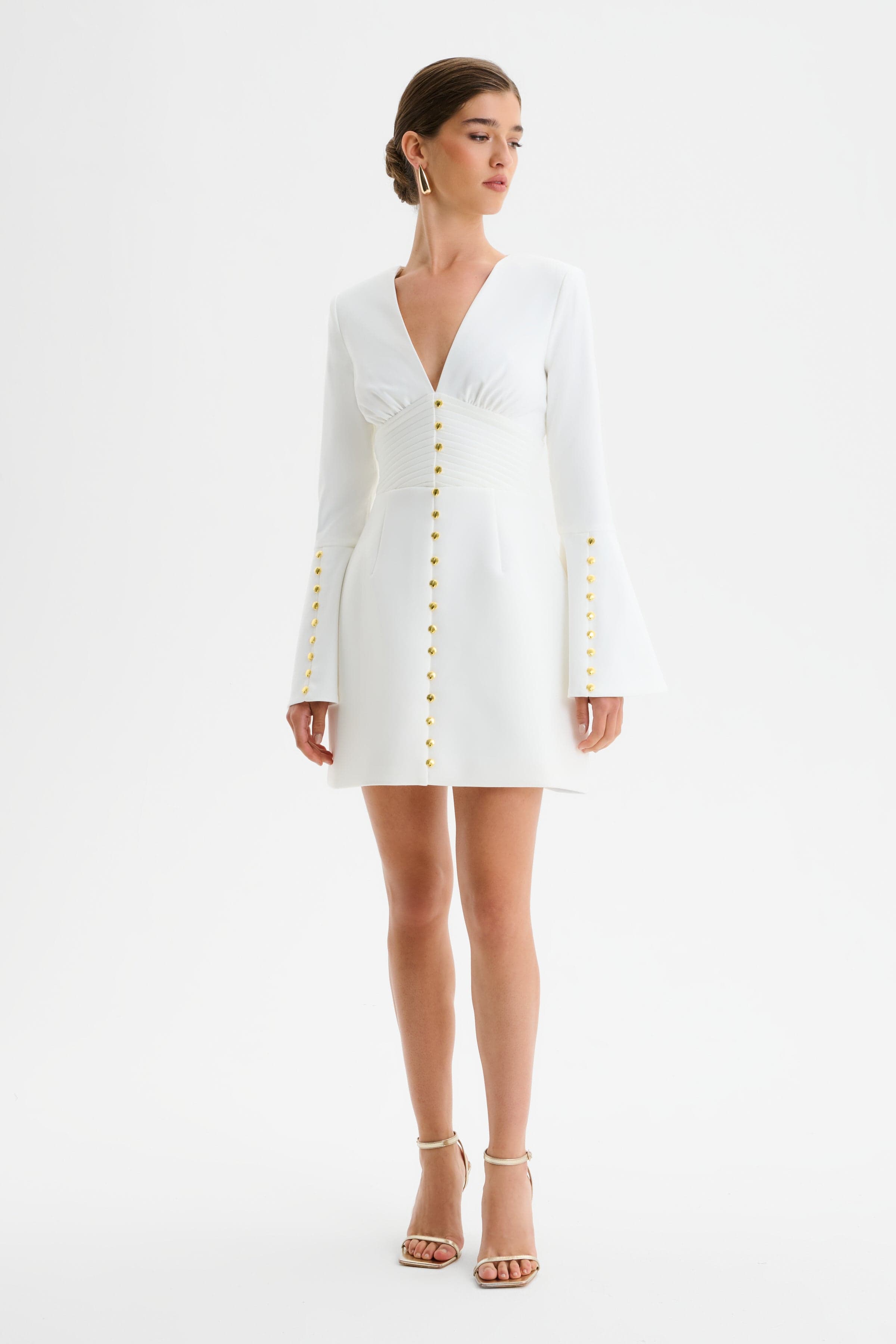 LARA Fluted Sleeve Micro Shell Button Mini Dress in White