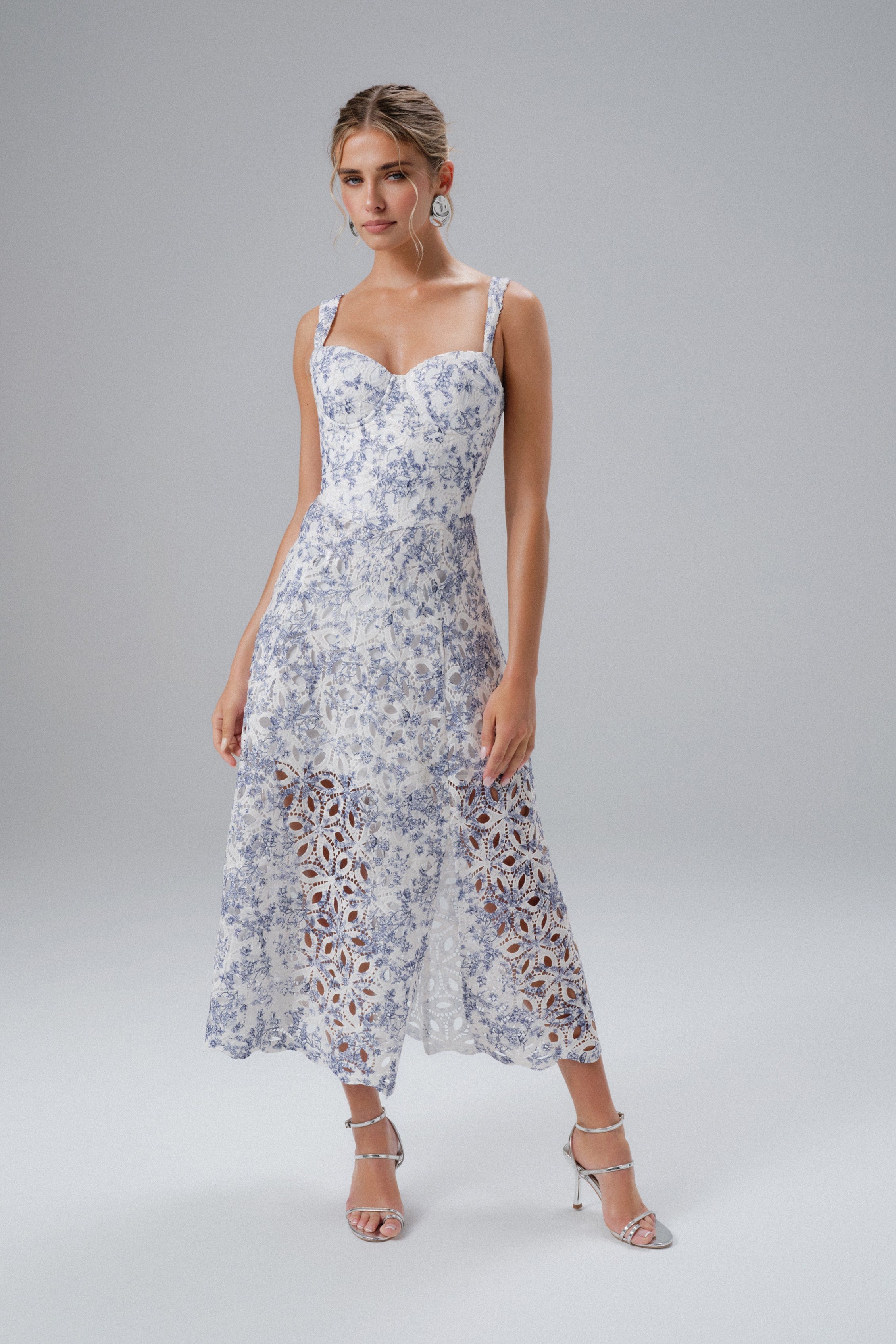 KIRA Broderie Anglais A-Line Midi Sundress in Blue Porcelain Print