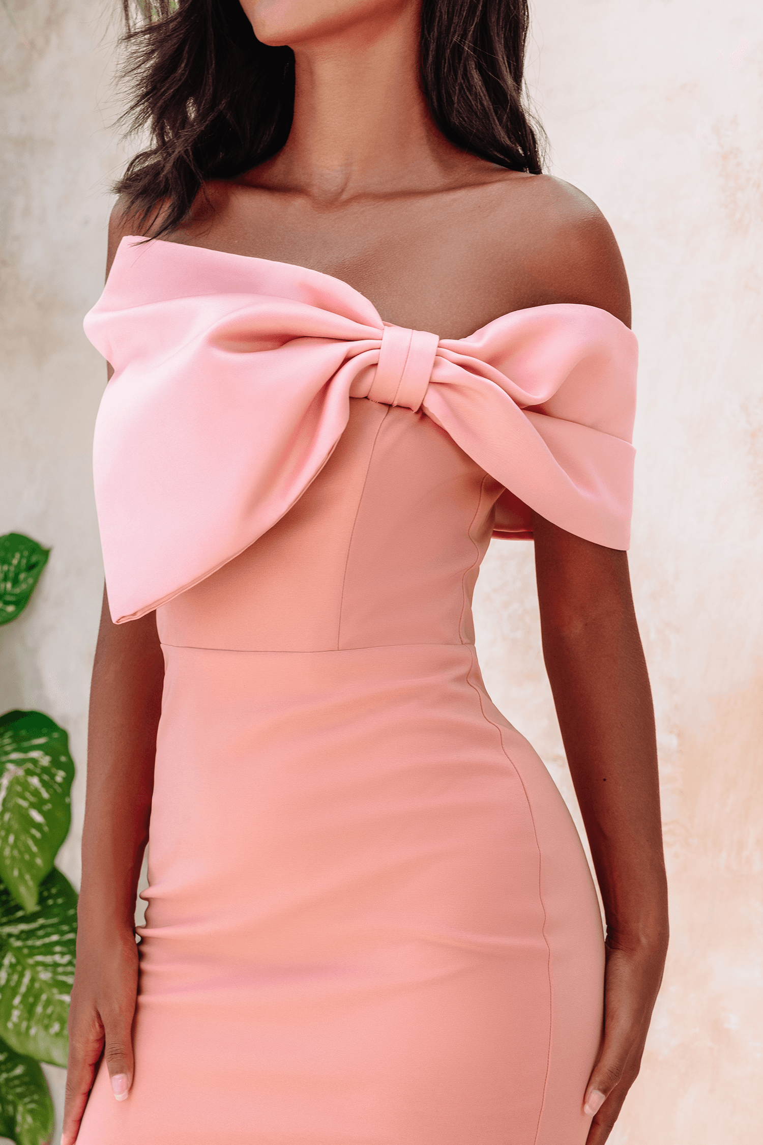 DEMI Bardot Bow Detail Midi Dress in Coral - Lavish Alice