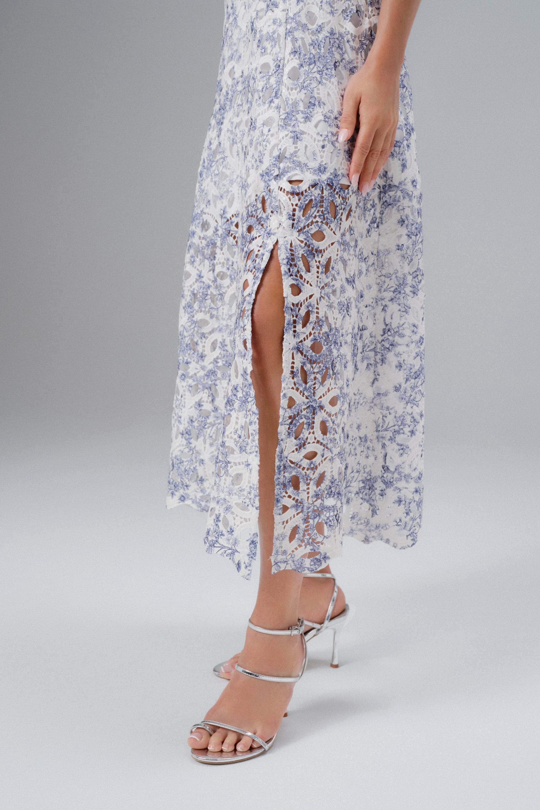 KIRA Broderie Anglais A-Line Midi Sundress in Blue Porcelain Print