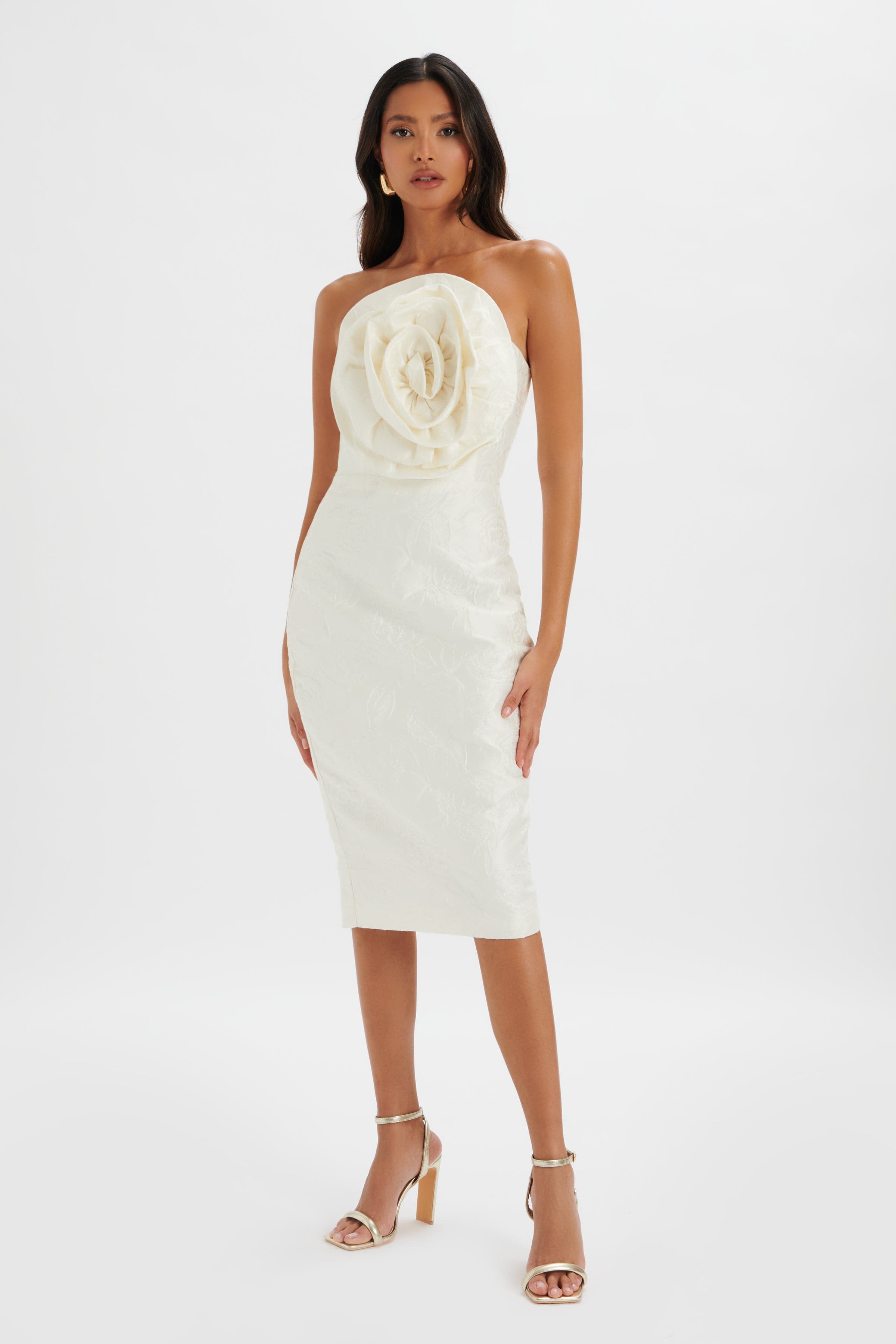 MONTANA 3D Flower Bandeau Midi Dress in White Jacquard