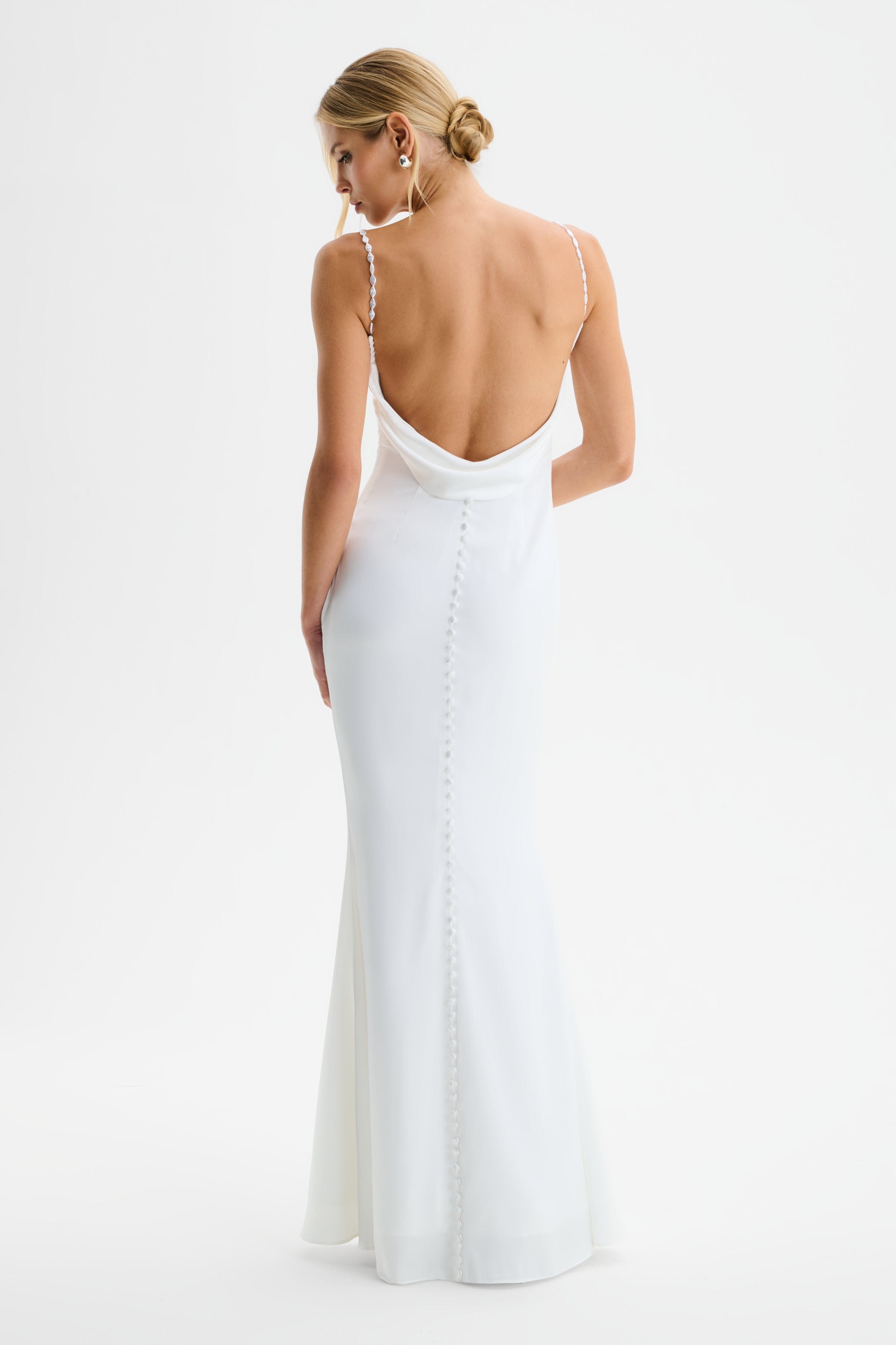 DANI Cowl Neck Satin Maxi Dress with Pearl Straps in White