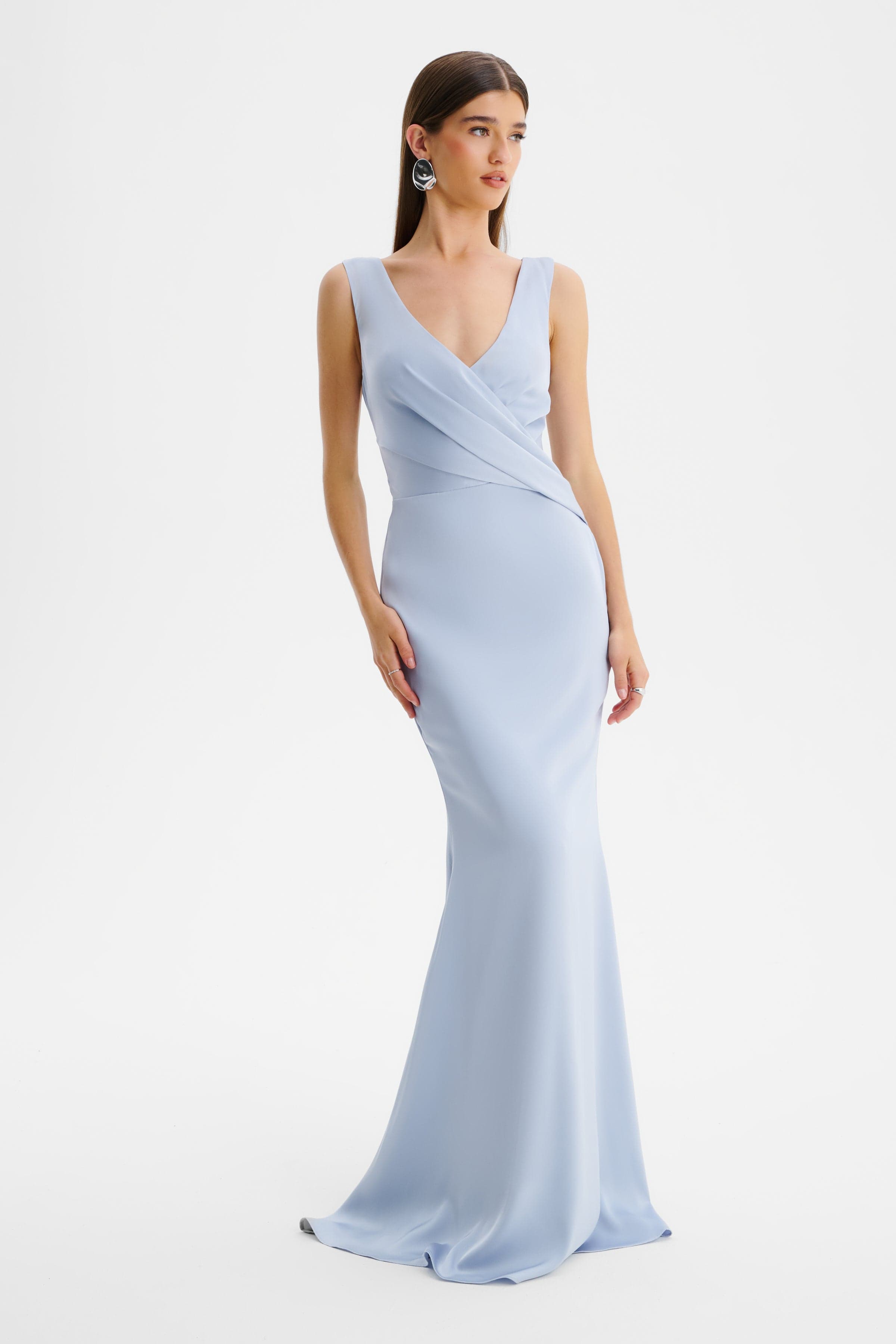 ELLE Draped Wrap Satin Maxi Dress in Blue