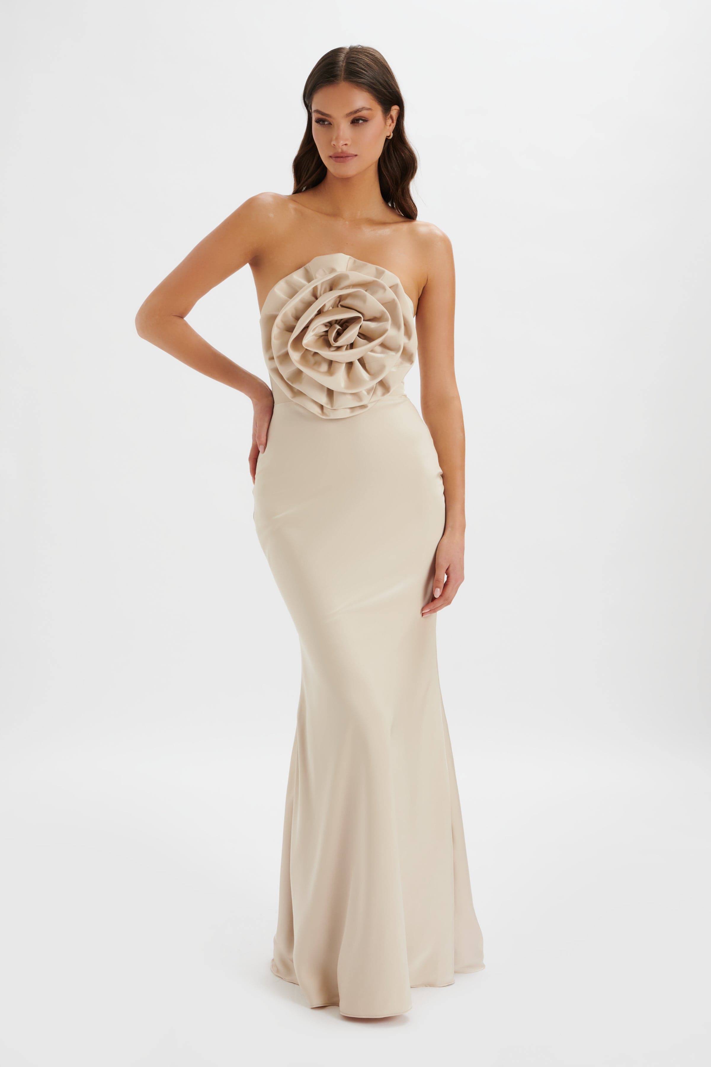 DALIA 3D Flower Bandeau Maxi Dress in Champagne