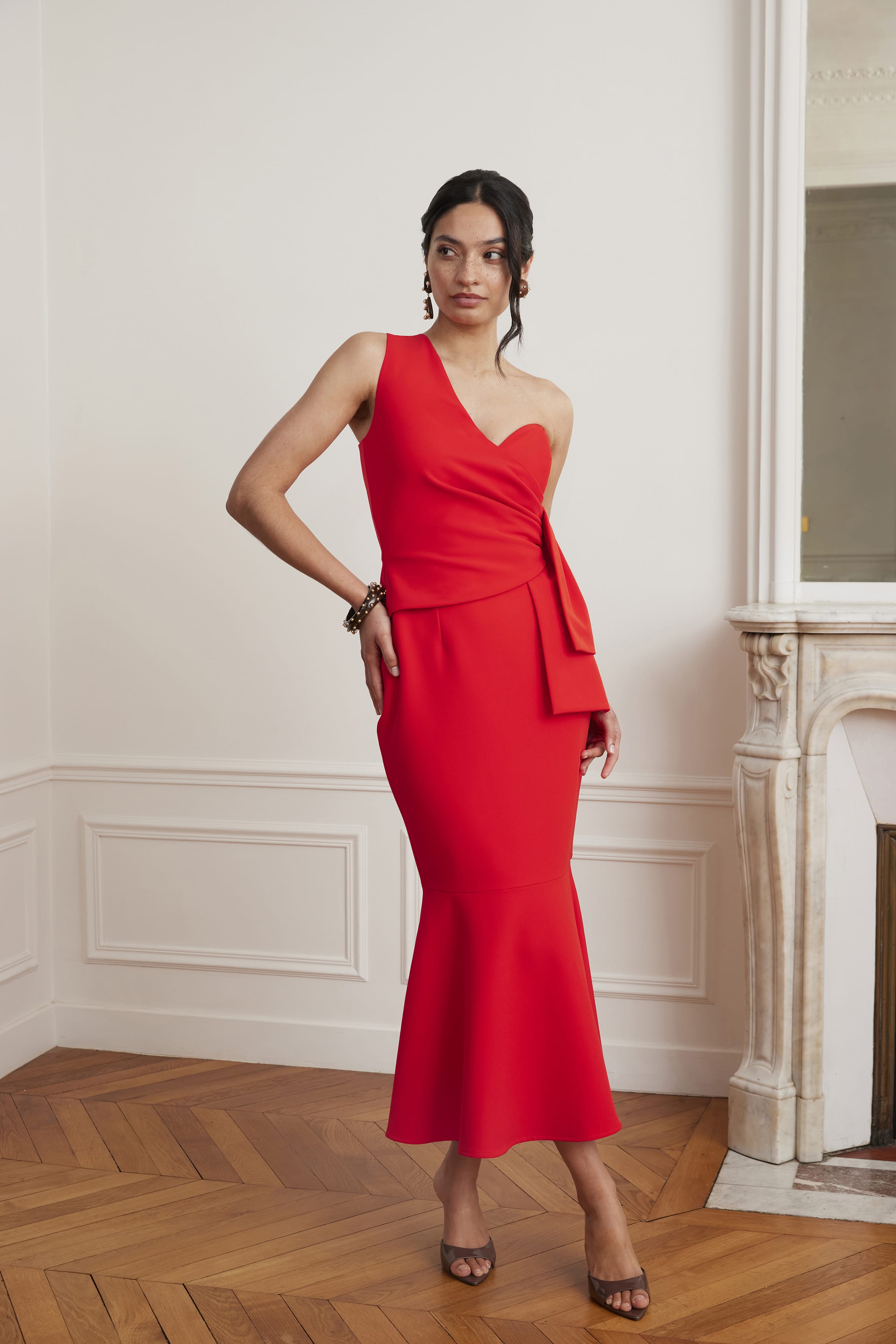 ADELAIDE One Shoulder Fluted Midi Hem Dress With Bow Detail In Red