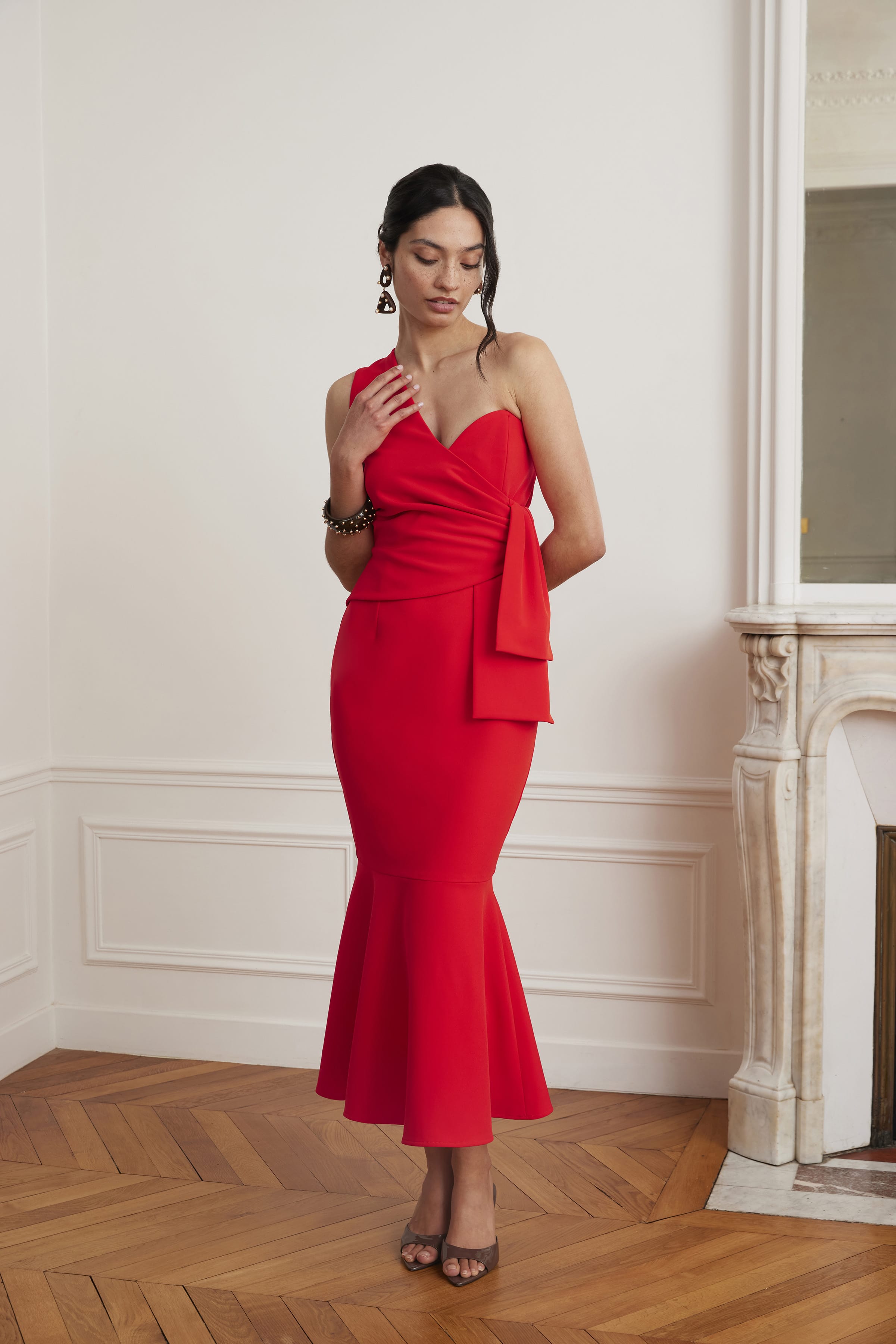 ADELAIDE One Shoulder Fluted Midi Hem Dress With Bow Detail In Red