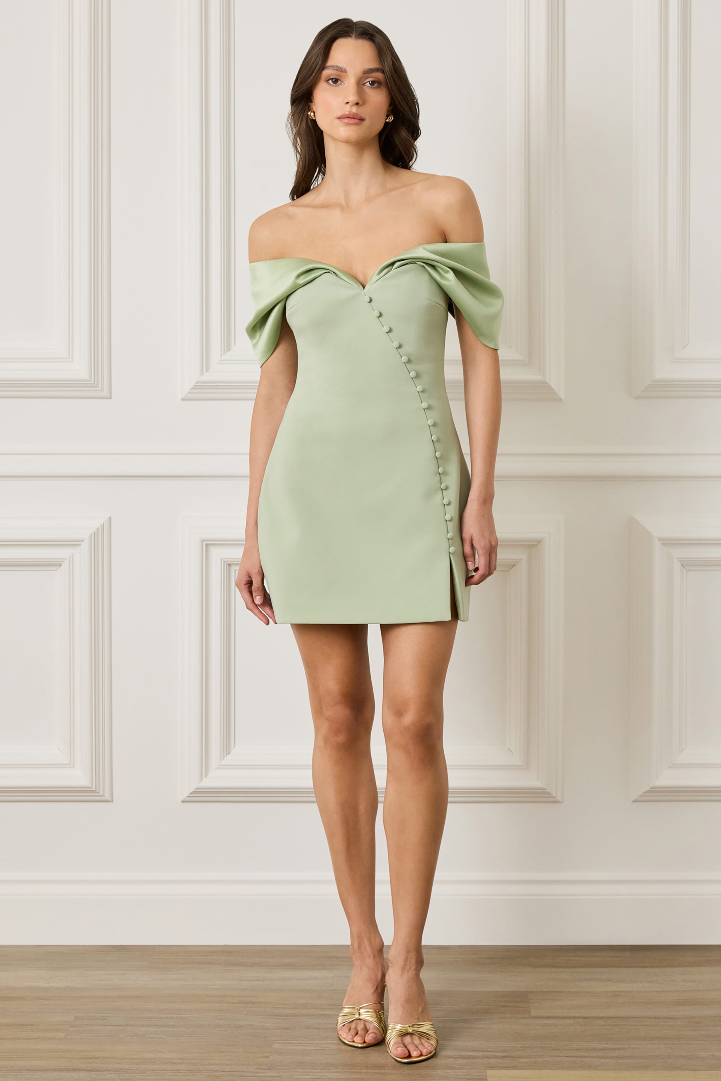 ODESSA Satin Contrast Off Shoulder Mini Tulip Dress in Sage Green
