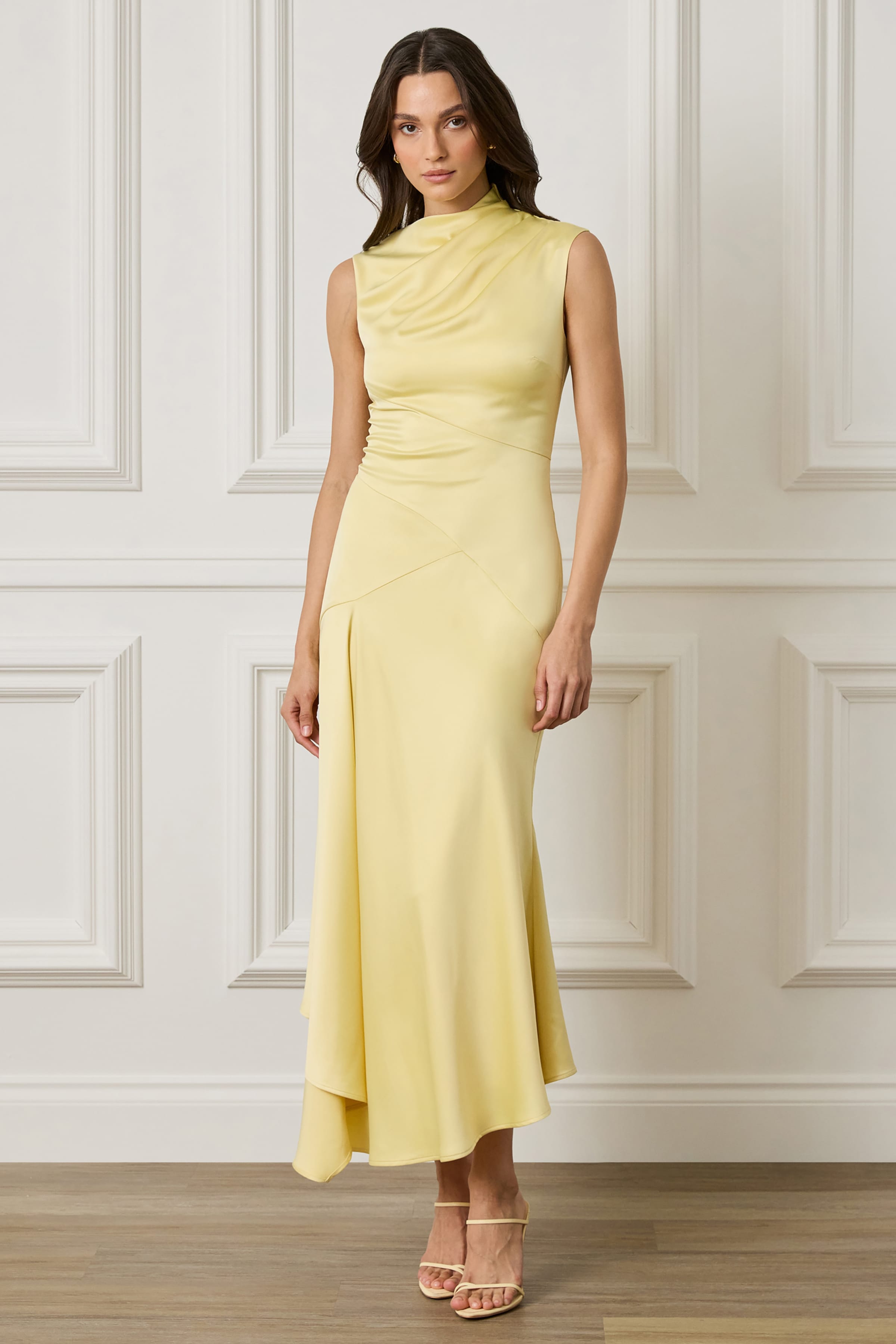 BREA Asymmetric Draped Satin Waterfall Midi Dress in Yellow