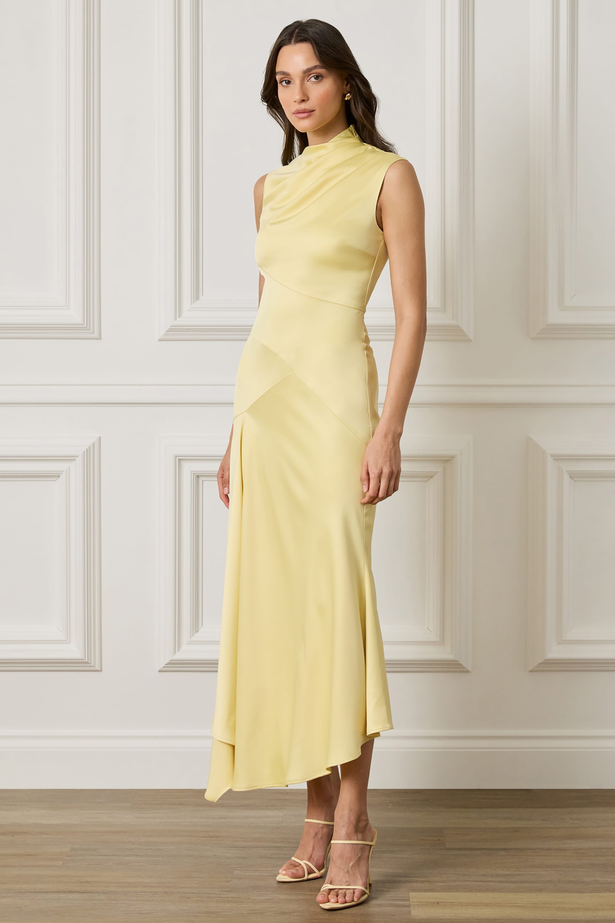 BREA Asymmetric Draped Satin Waterfall Midi Dress in Yellow