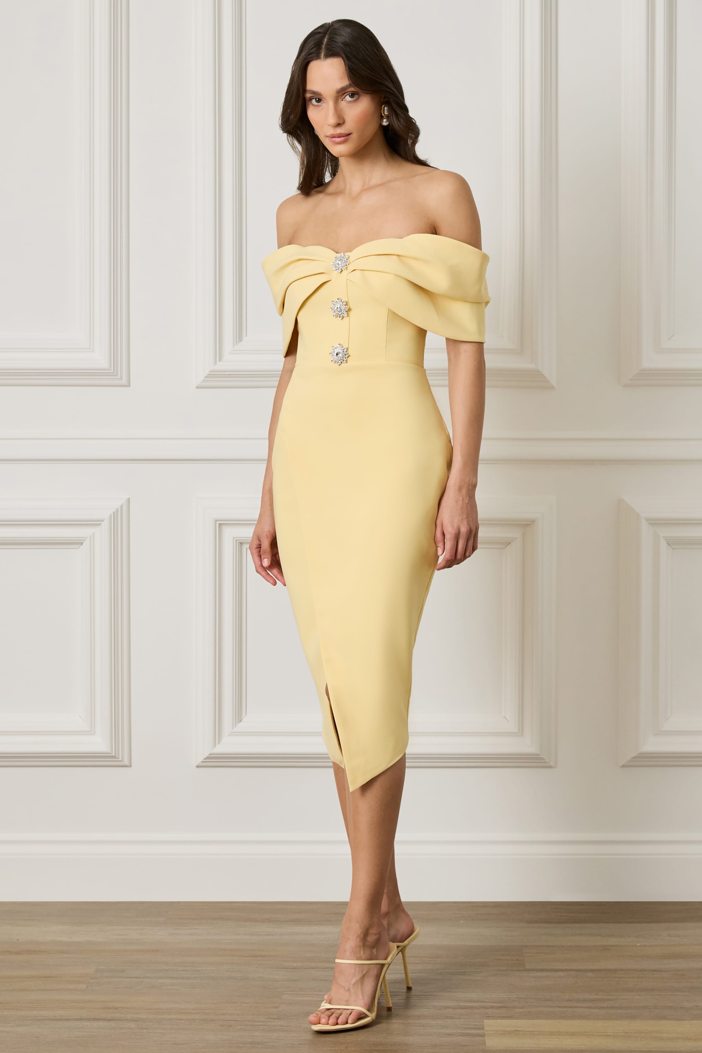 ELYSE Off Shoulder Embellished Wrap Dress in Yellow