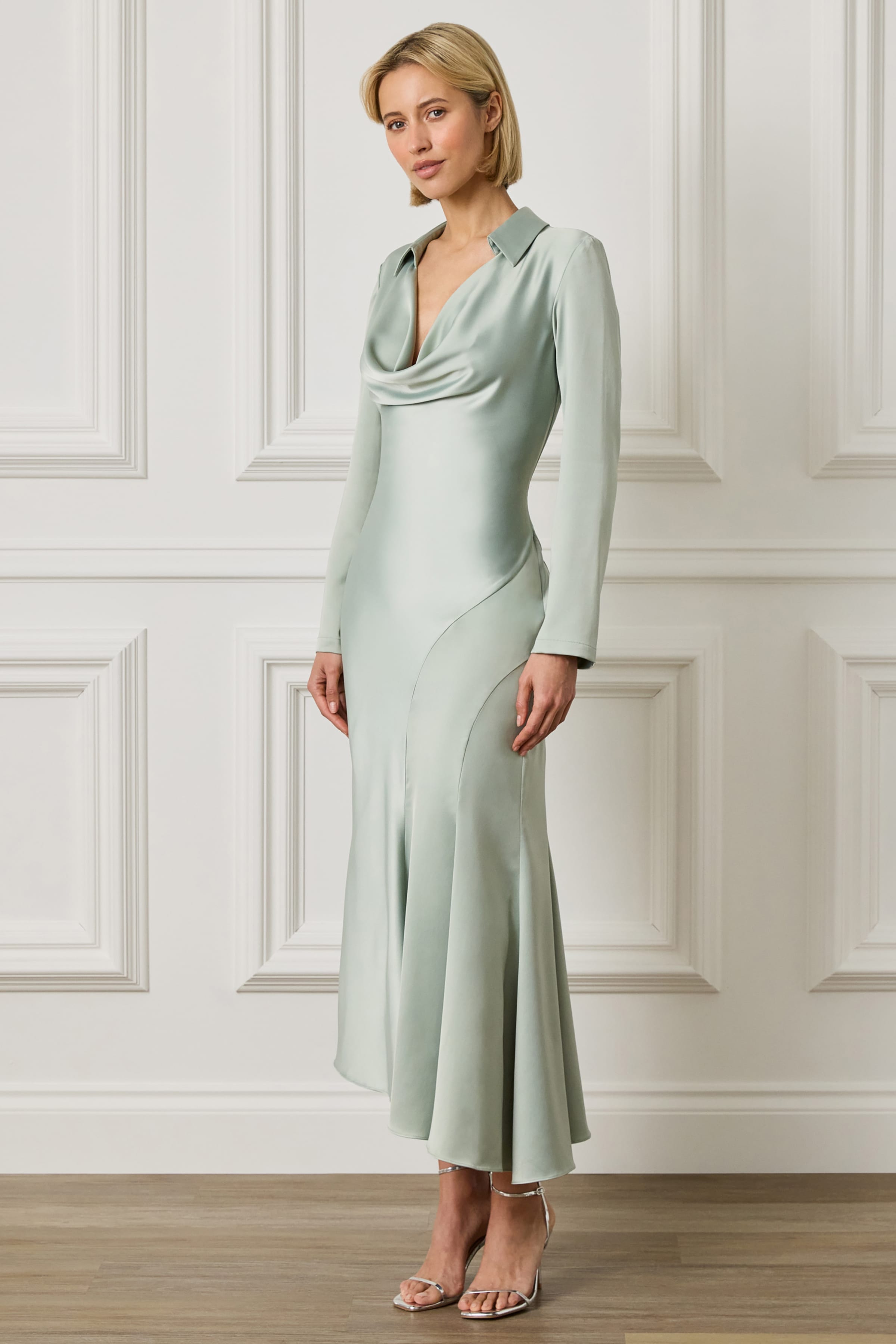 AURELIAH Asymmetric Drapey Cowl Neck Shirt Dress in Sage Green