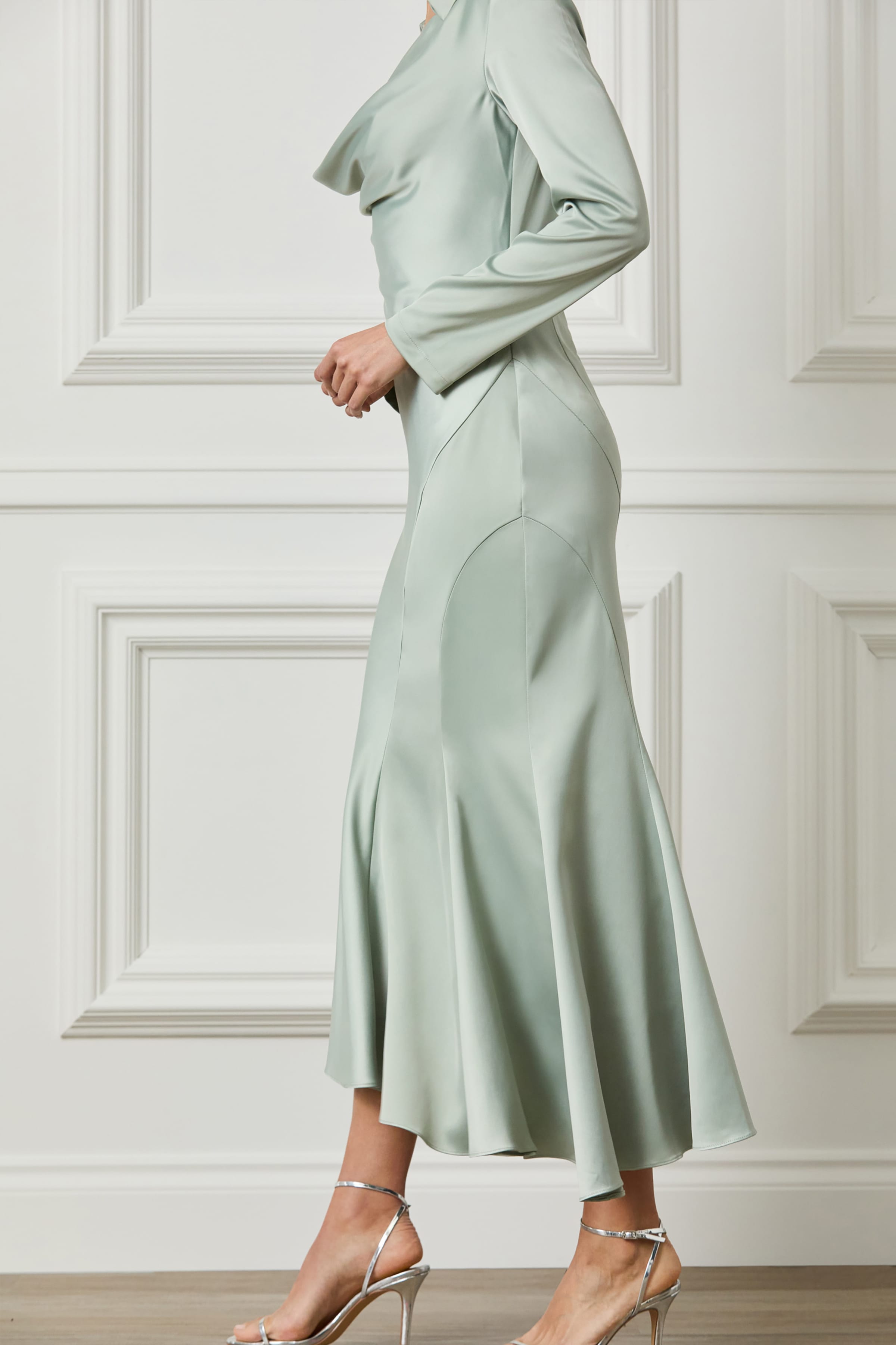 AURELIAH Asymmetric Drapey Cowl Neck Shirt Dress in Sage Green
