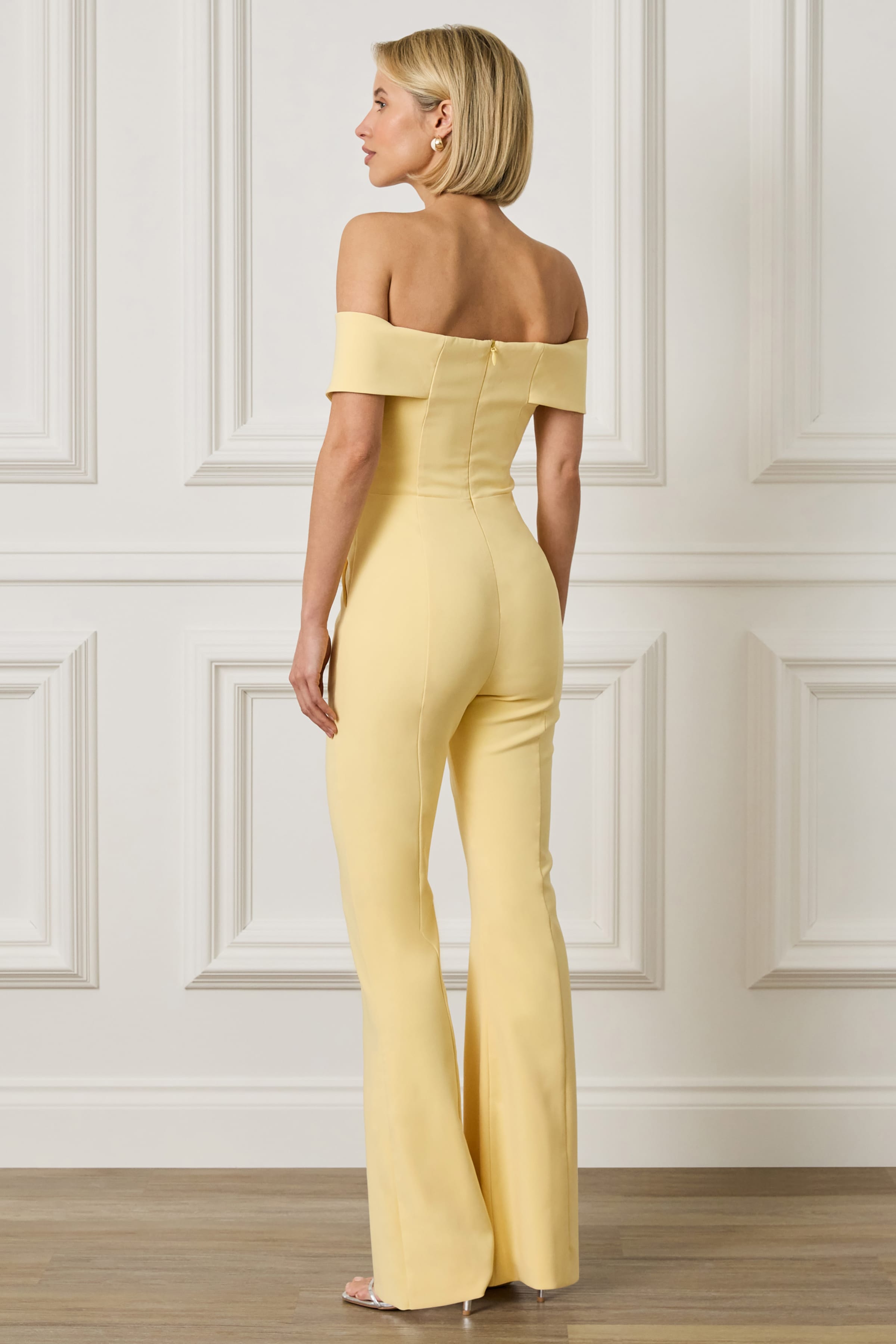 ROCHELLE Corset Detailed Bardot Jumpsuit in Yellow