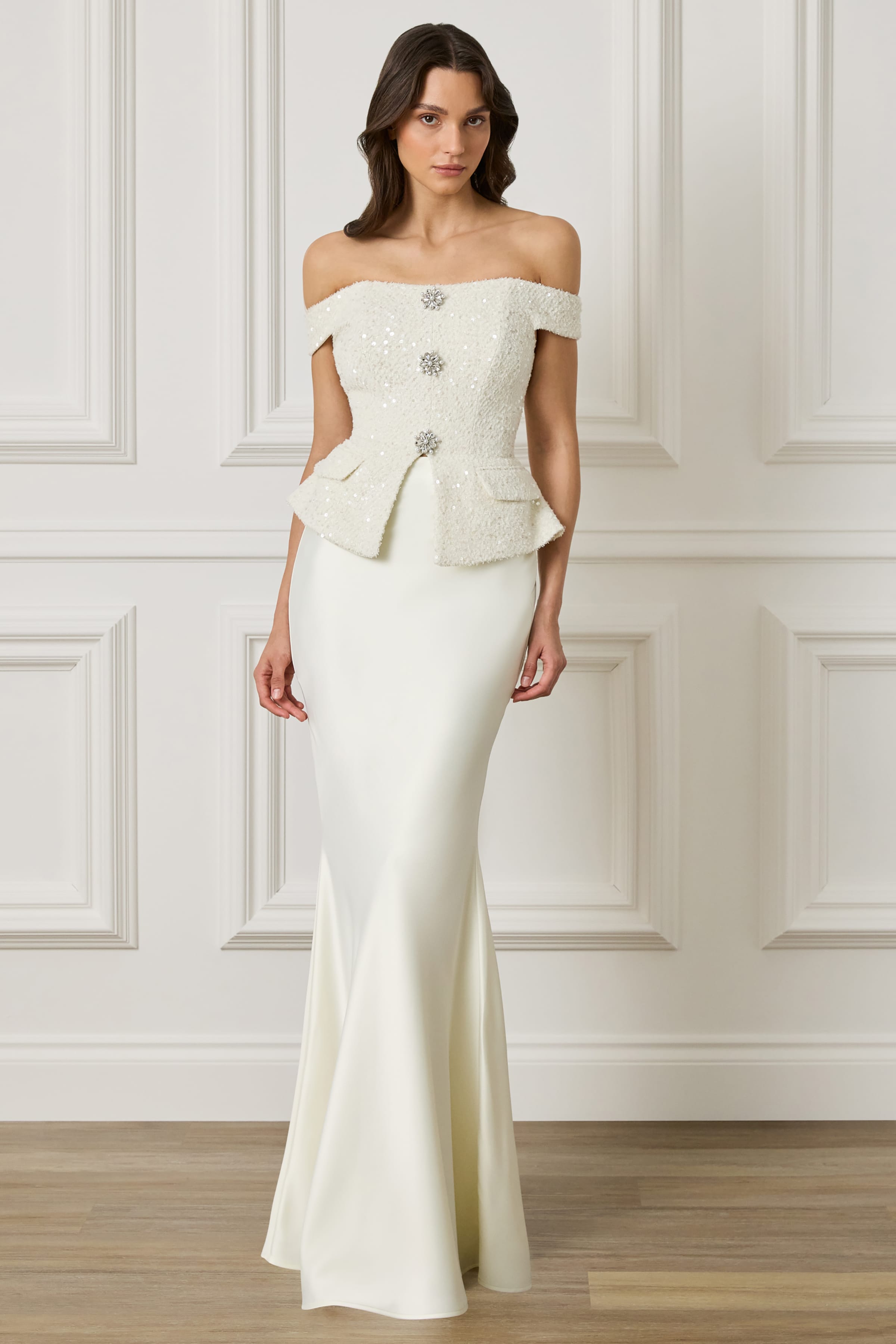 LEILA Embellished Sequin Boucle Off Shoulder Top in Champagne