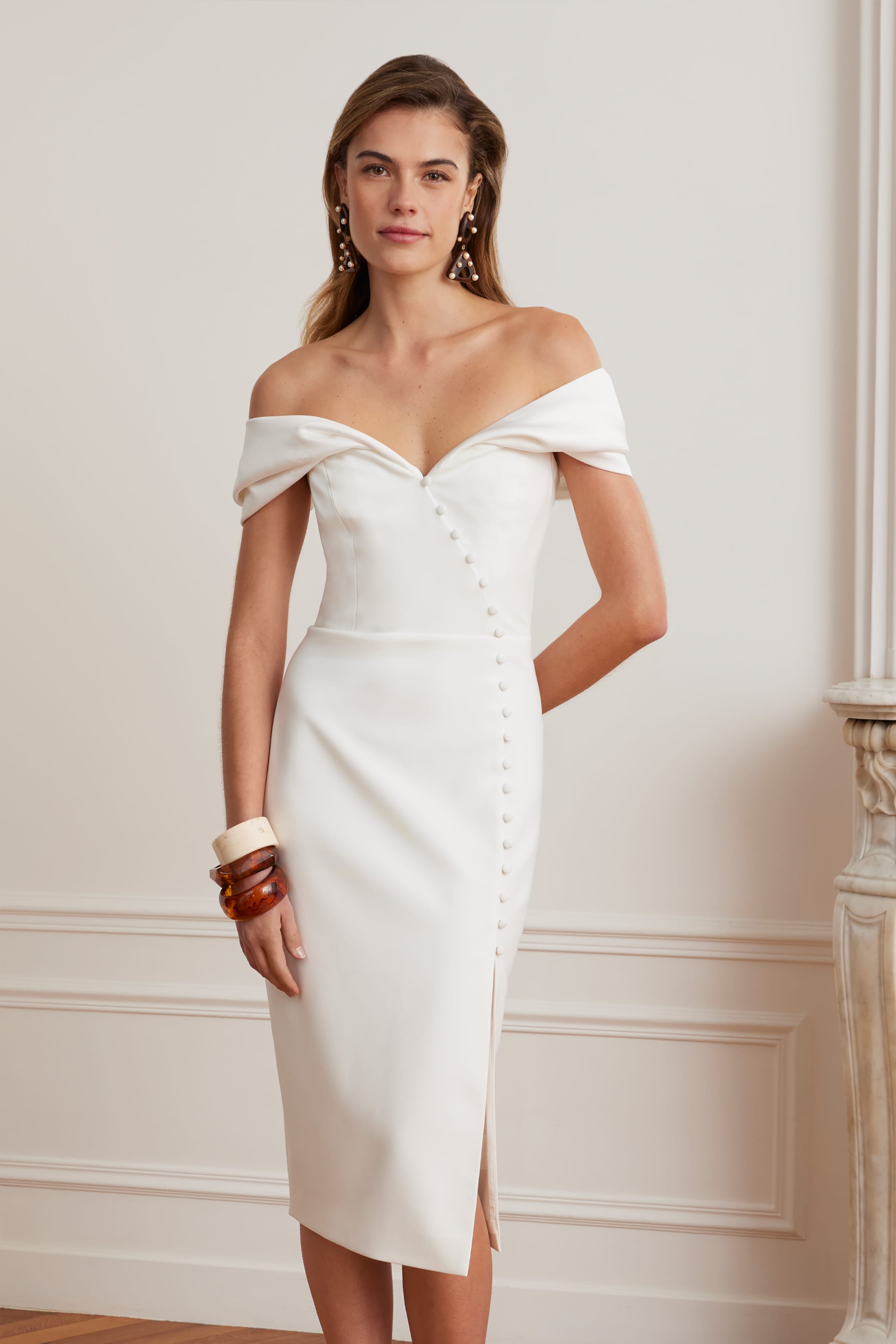 NOELLE Satin Mix Bardot Midi Dress In White