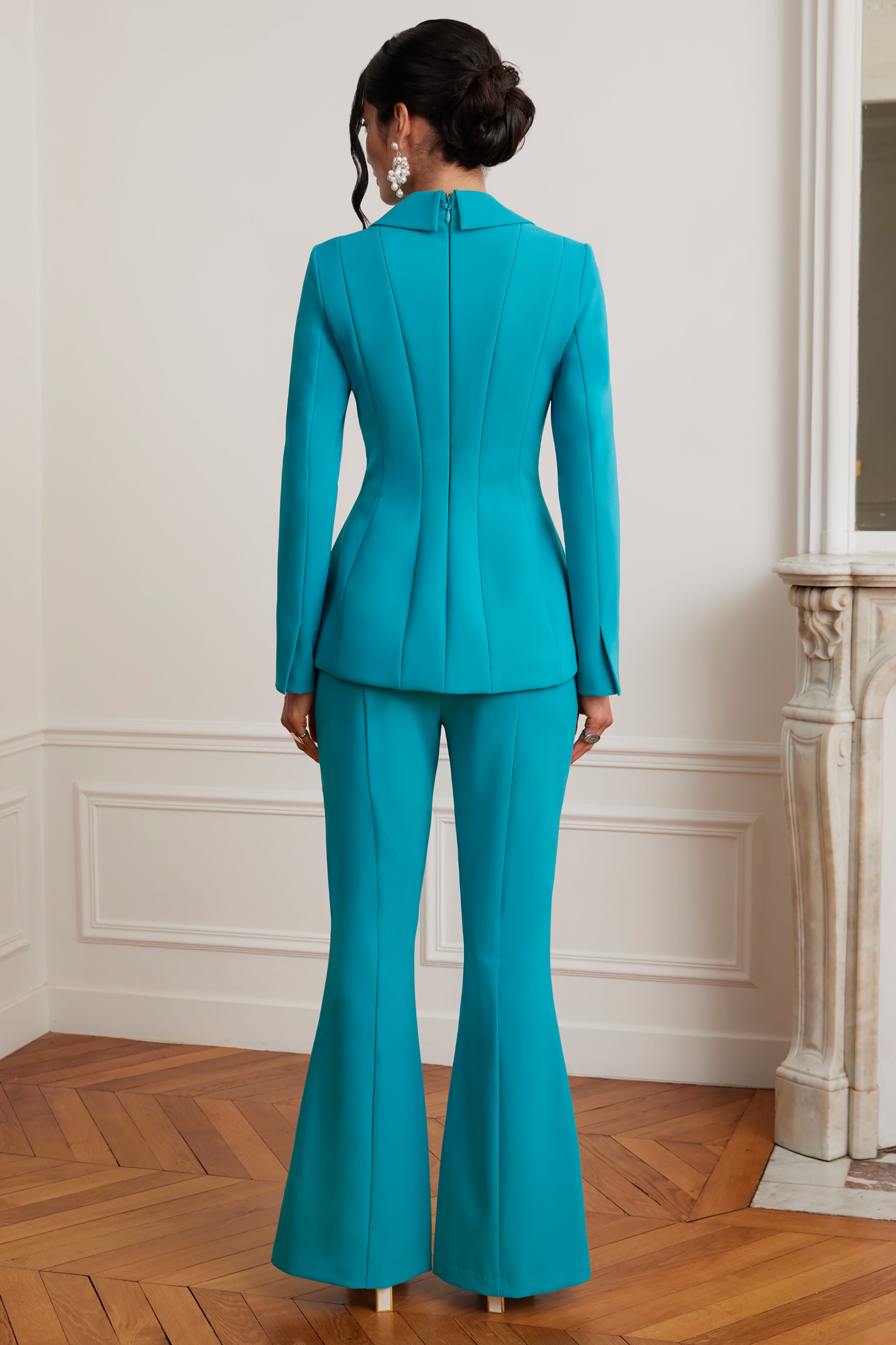 FIORELLA Sculptured Blazer with Gold Bow Hardware in Teal Blue