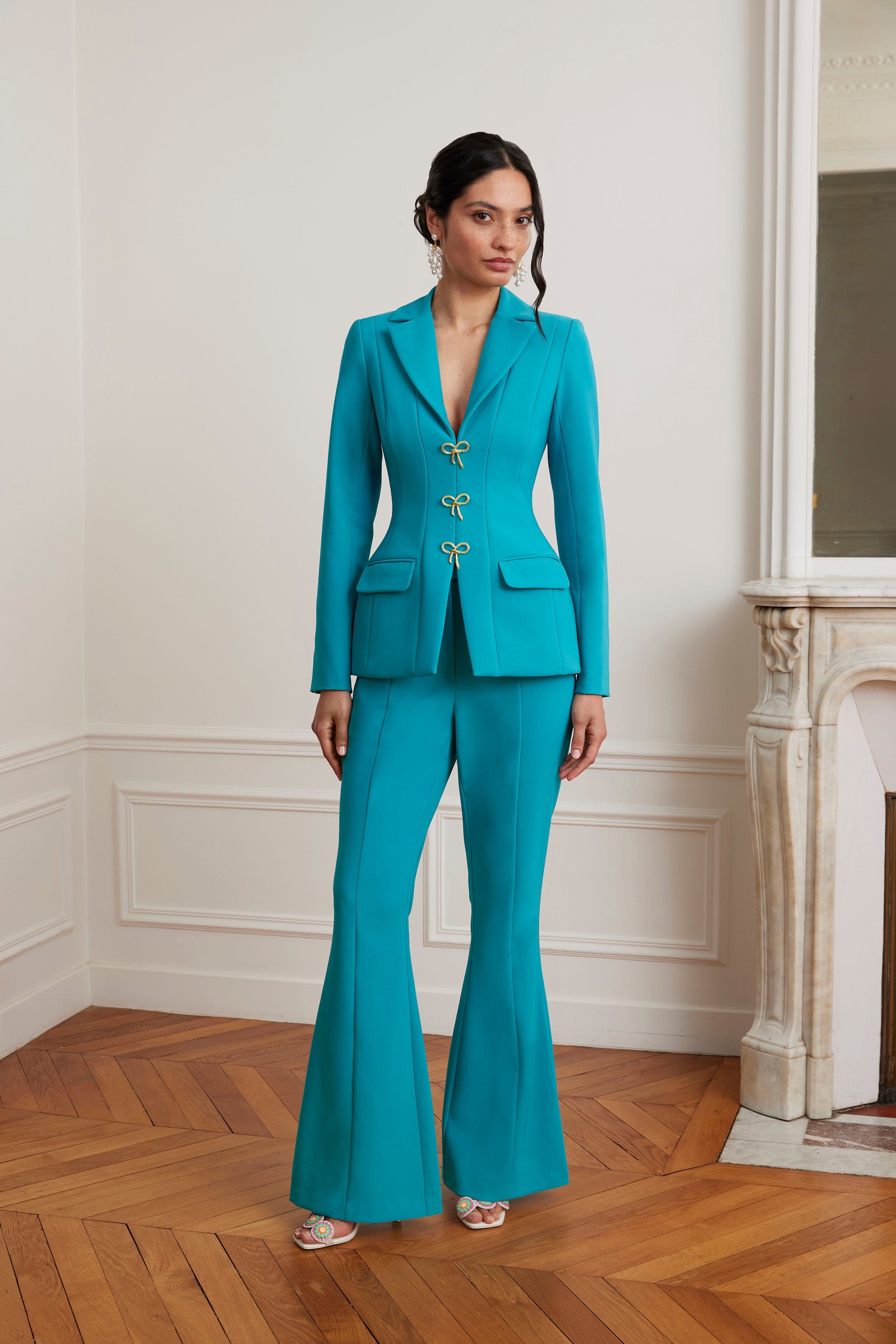 FIORELLA Sculptured Blazer with Gold Bow Hardware in Teal Blue