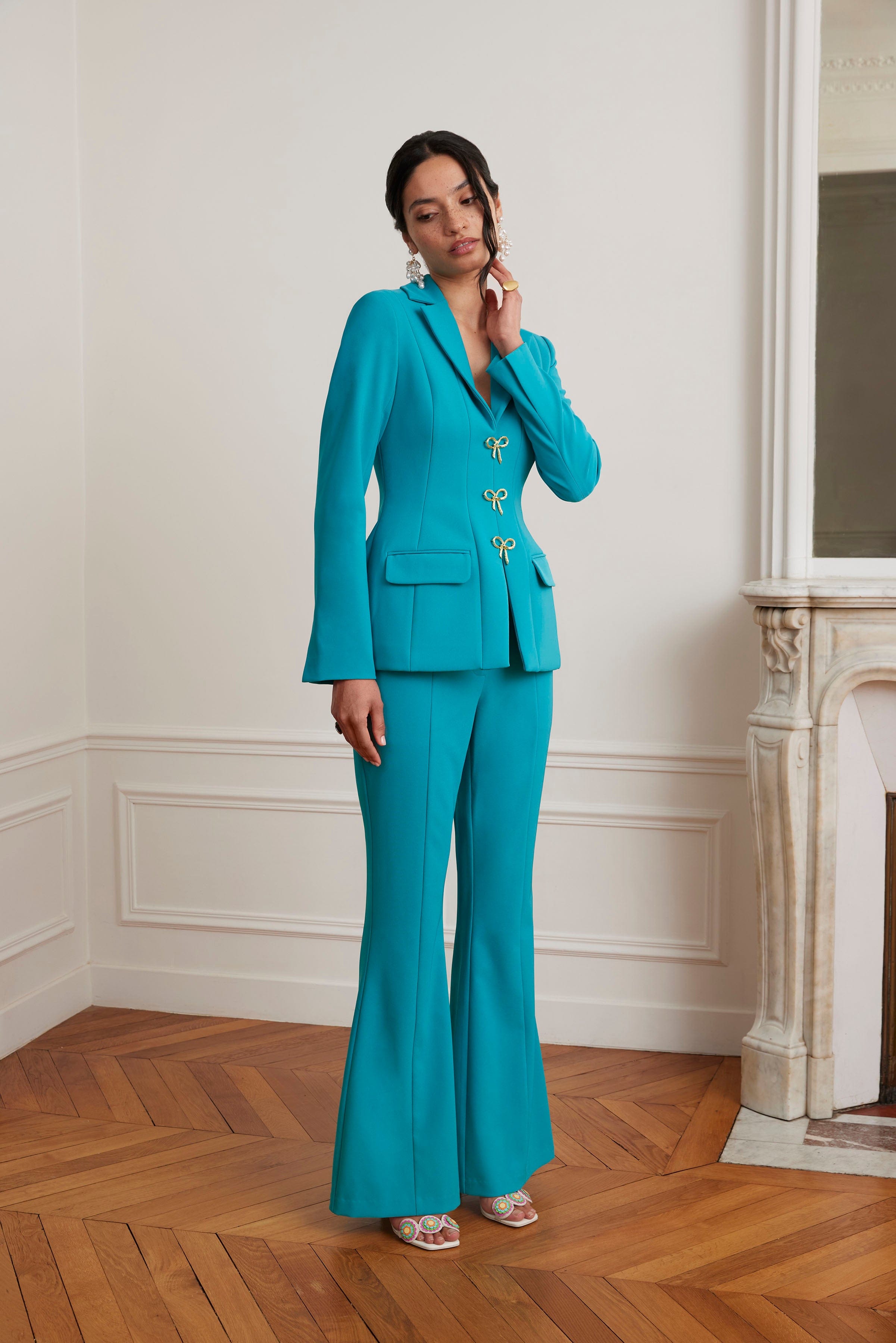FIORELLA Sculptured Blazer with Gold Bow Hardware in Teal Blue