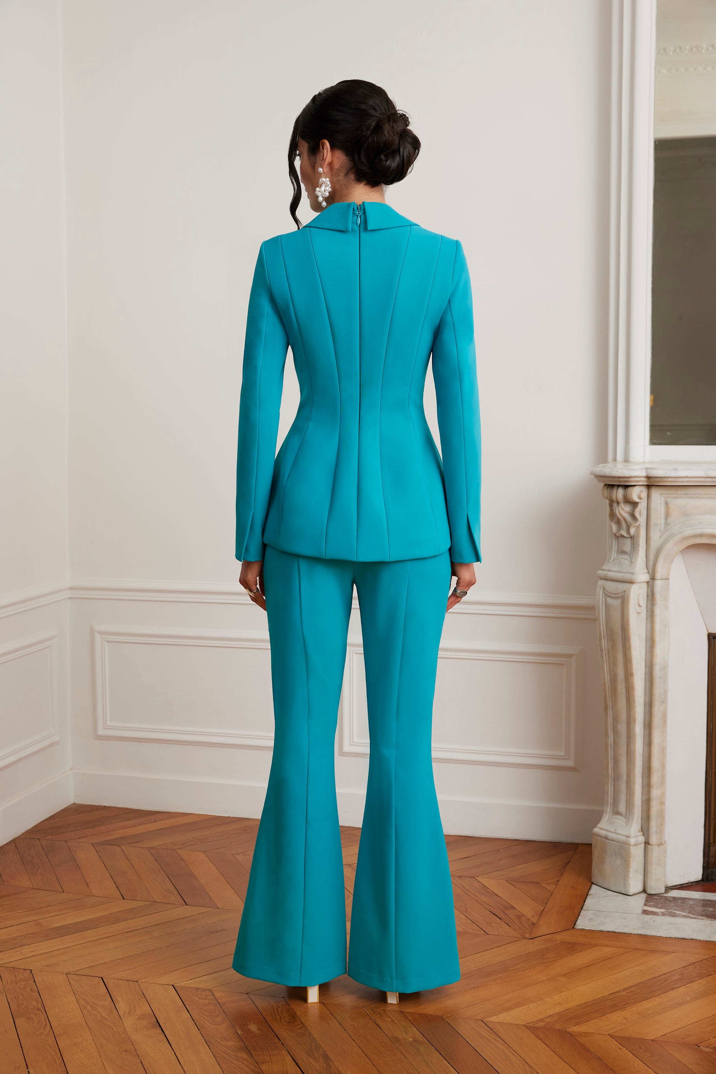 FIORELLA Sculptured Blazer with Gold Bow Hardware in Teal Blue
