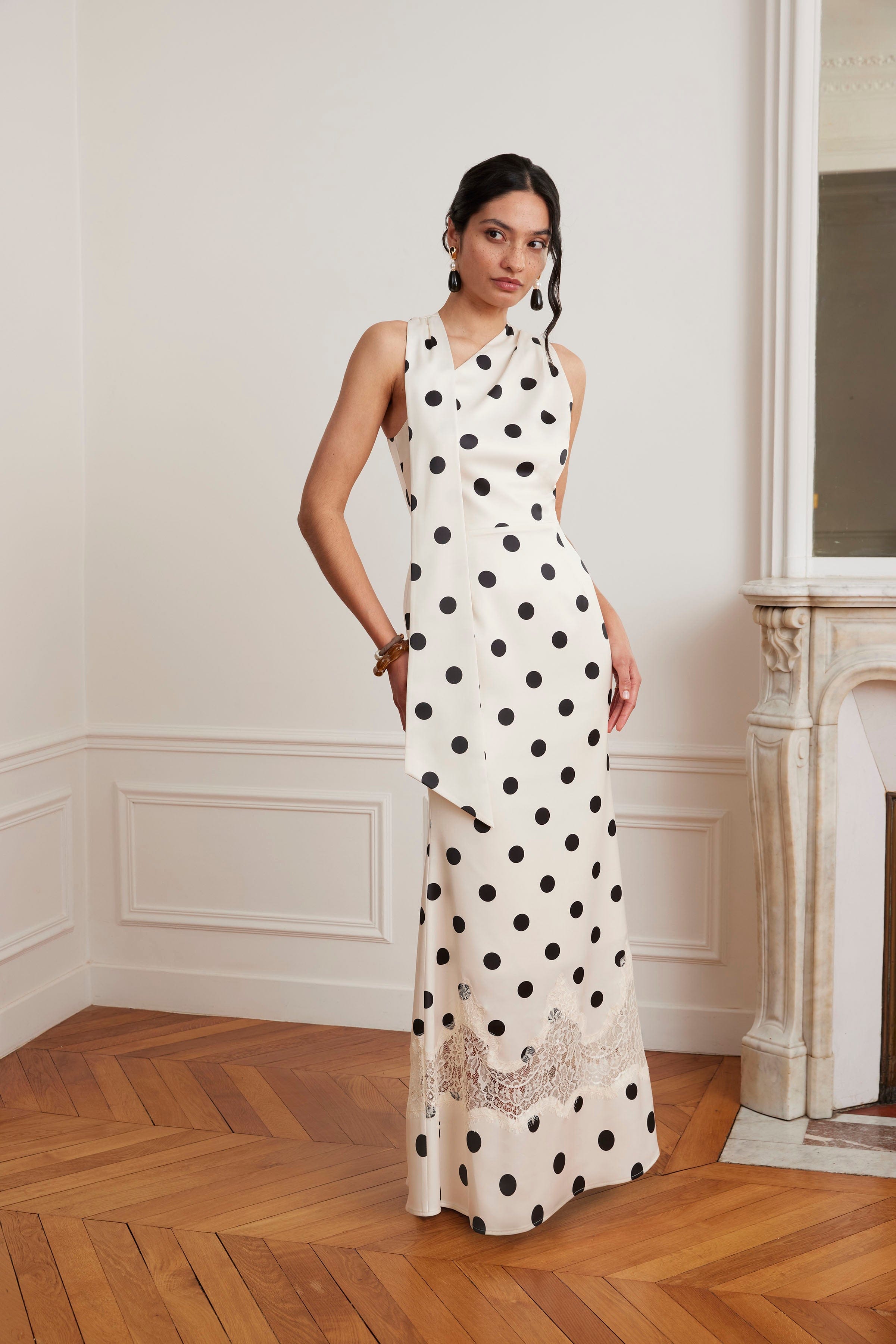 JULIANA Satin Scarf Neck Maxi Dress With Lace Insert In Polka Dot Print