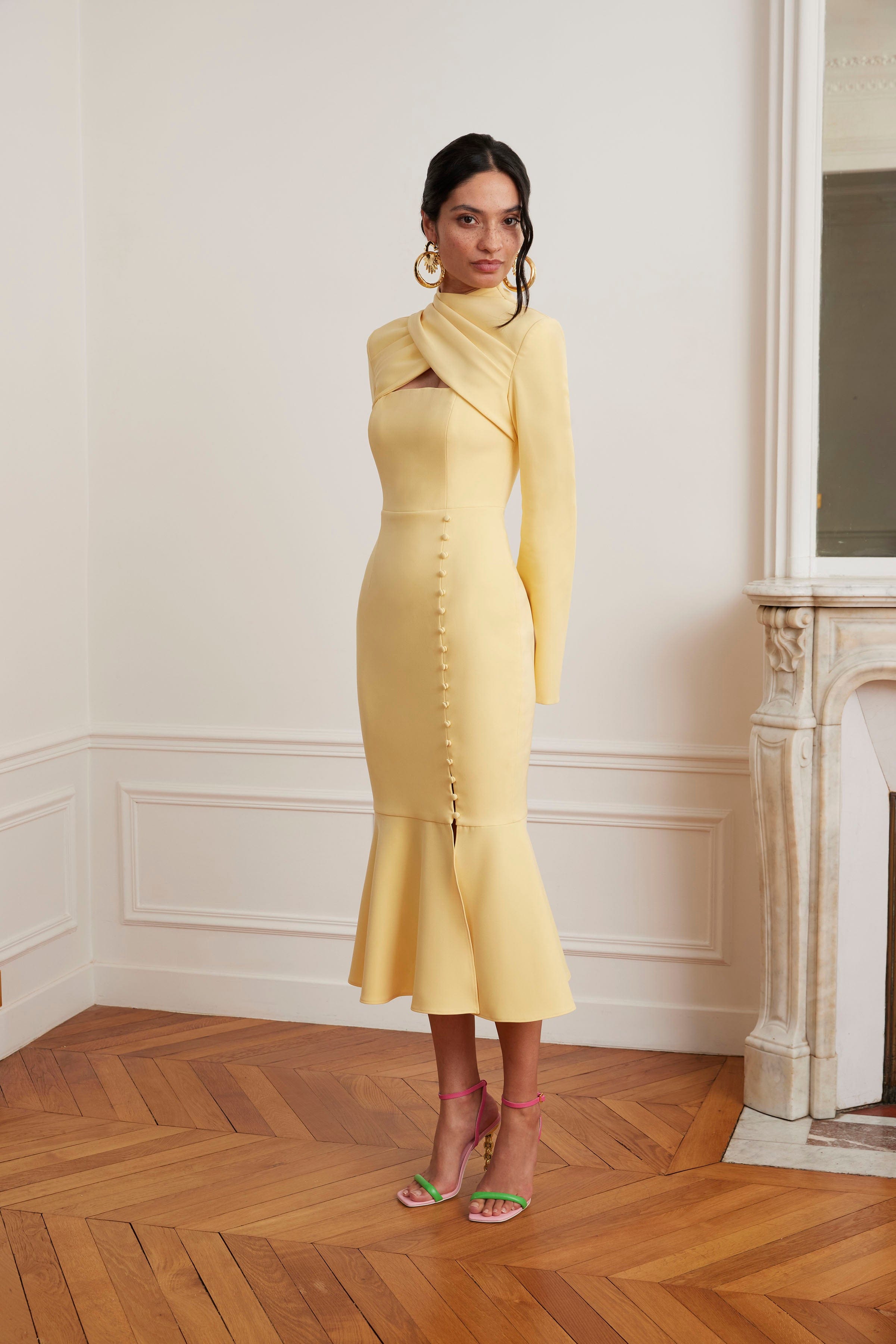KIMORA Cross Over High Neck Fluted Midi Dress In Yellow