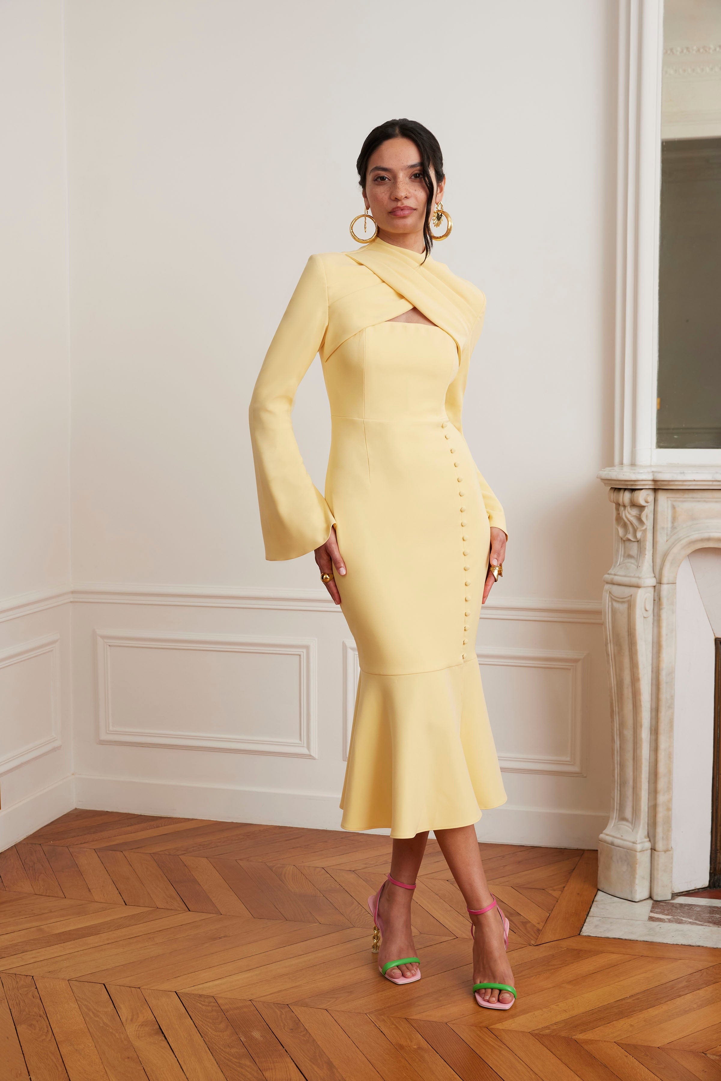 KIMORA Cross Over High Neck Fluted Midi Dress In Yellow