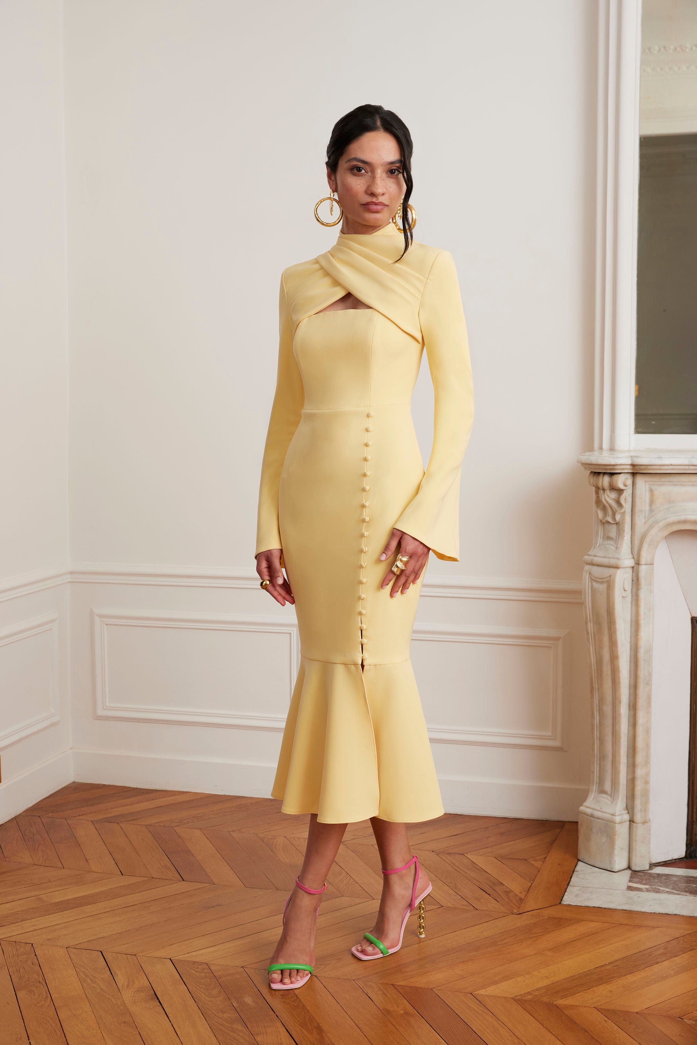 KIMORA Cross Over High Neck Fluted Midi Dress In Yellow