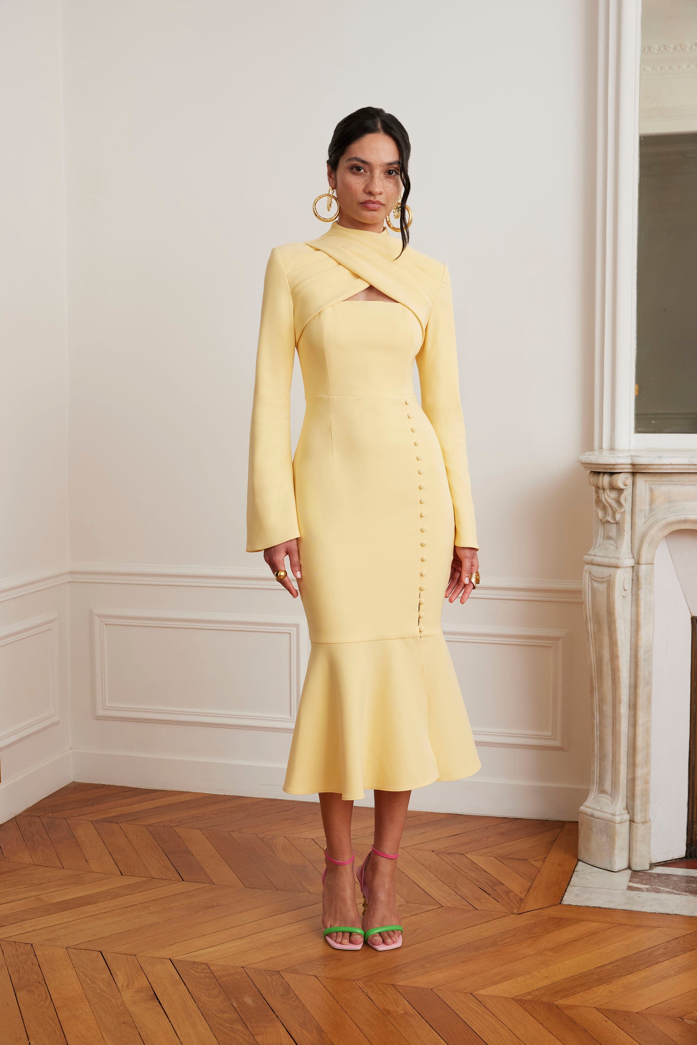 KIMORA Cross Over High Neck Fluted Midi Dress In Yellow