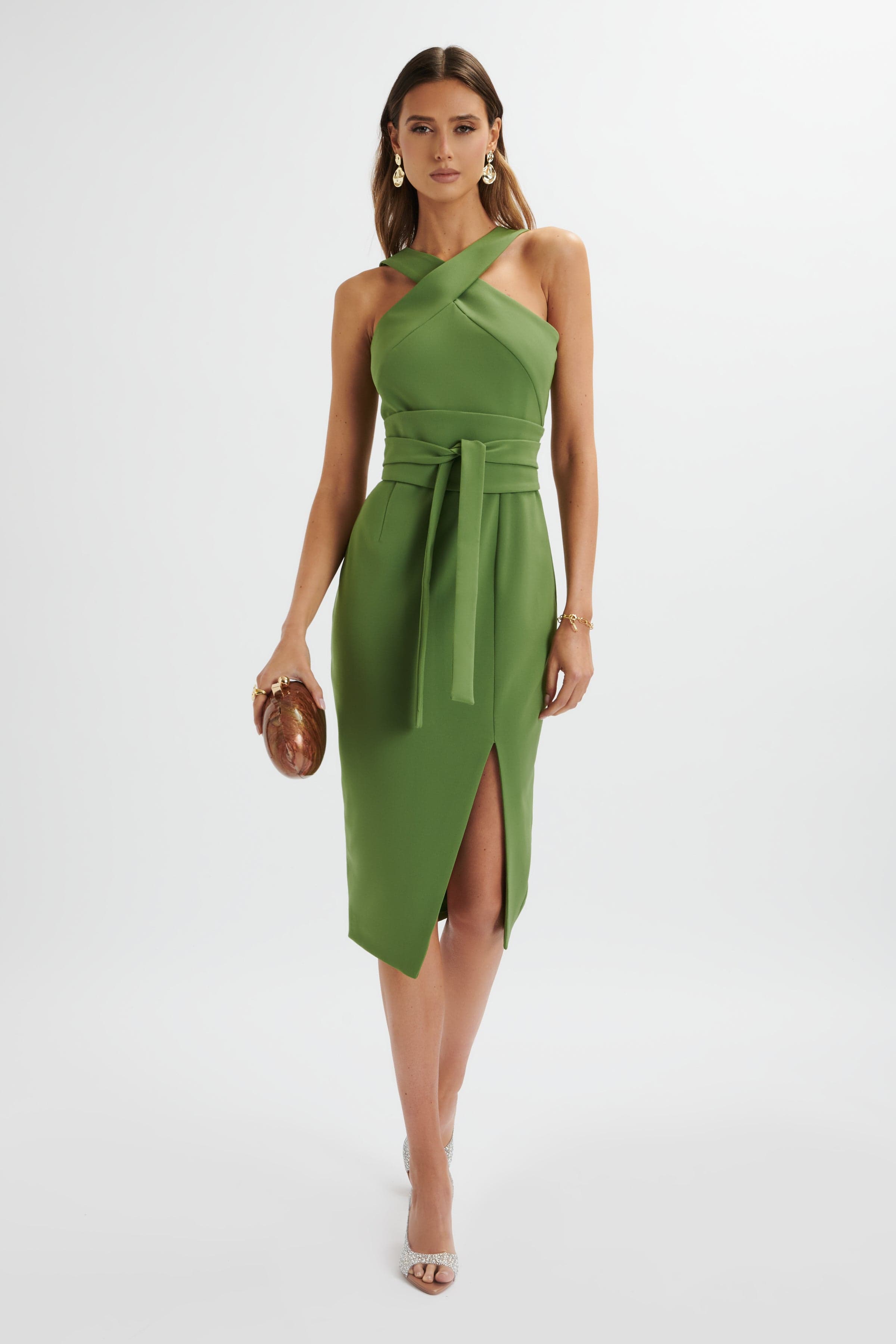 BRIELLE Obi Belt Halterneck Midi Dress In Green