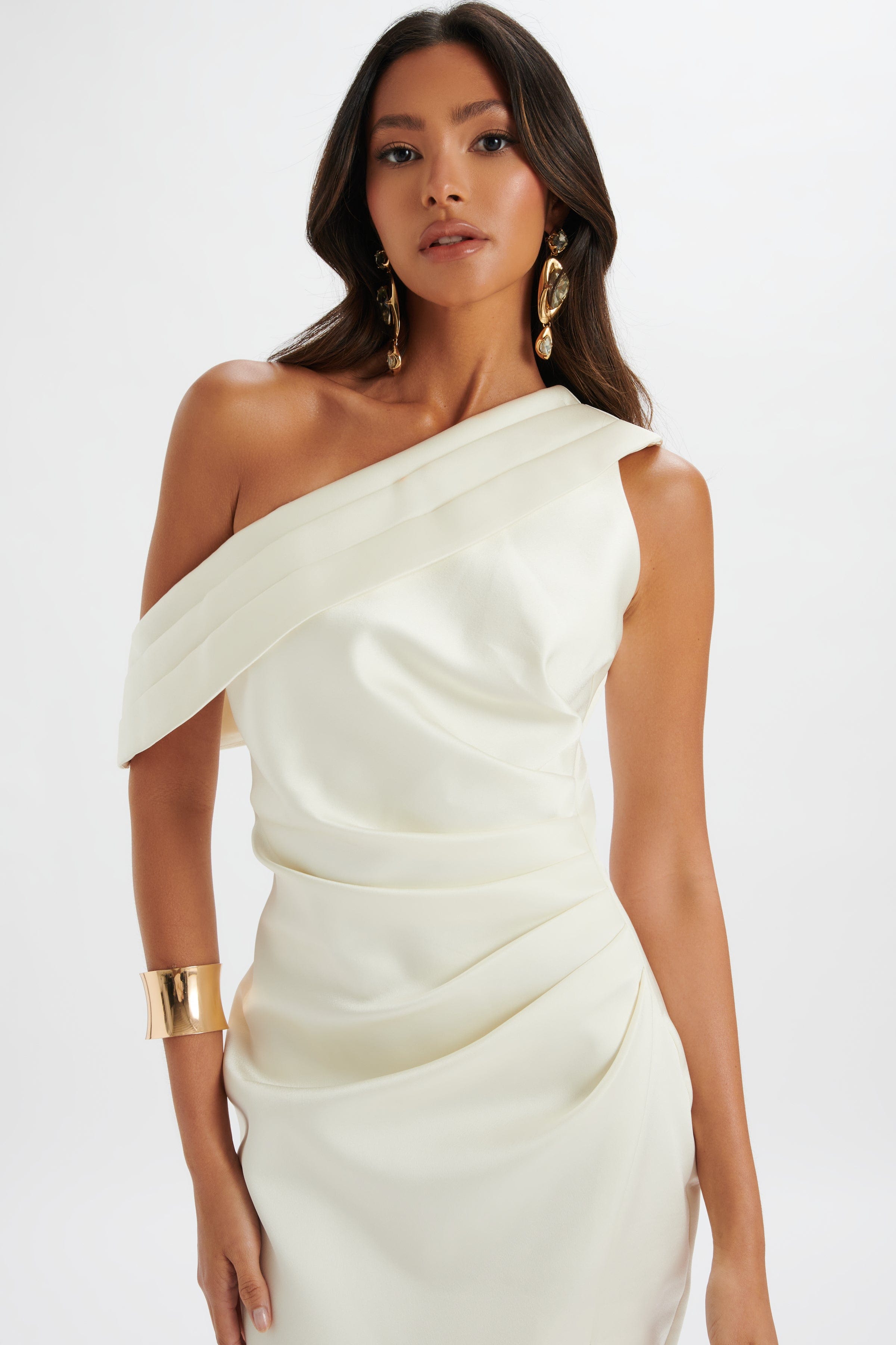 AUTUMN Pleated One Shoulder Bonded Satin Midi Dress In Ivory