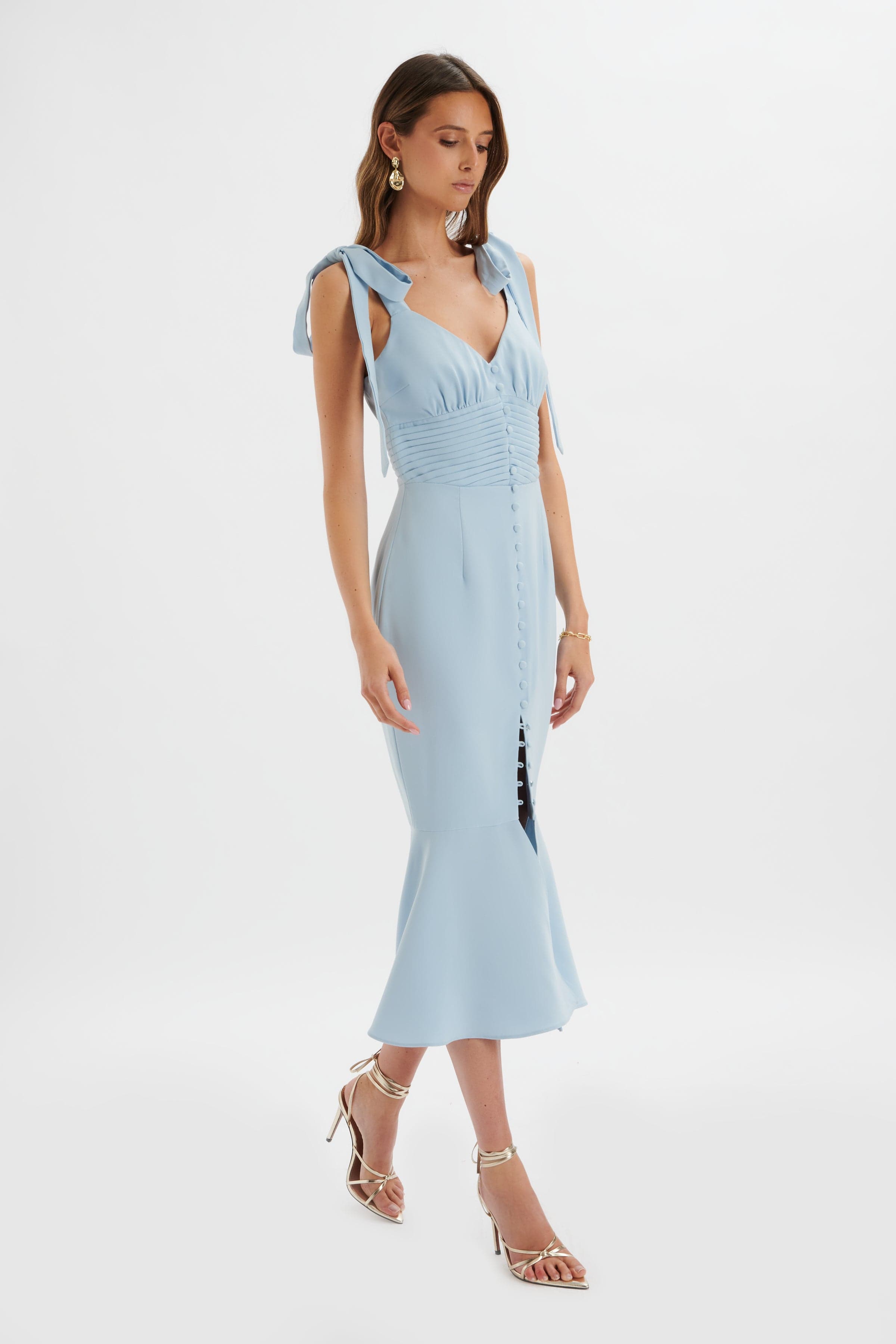 KAMILA Tie Strap Micro Button Midi Dress In Deep Corn Flower Blue
