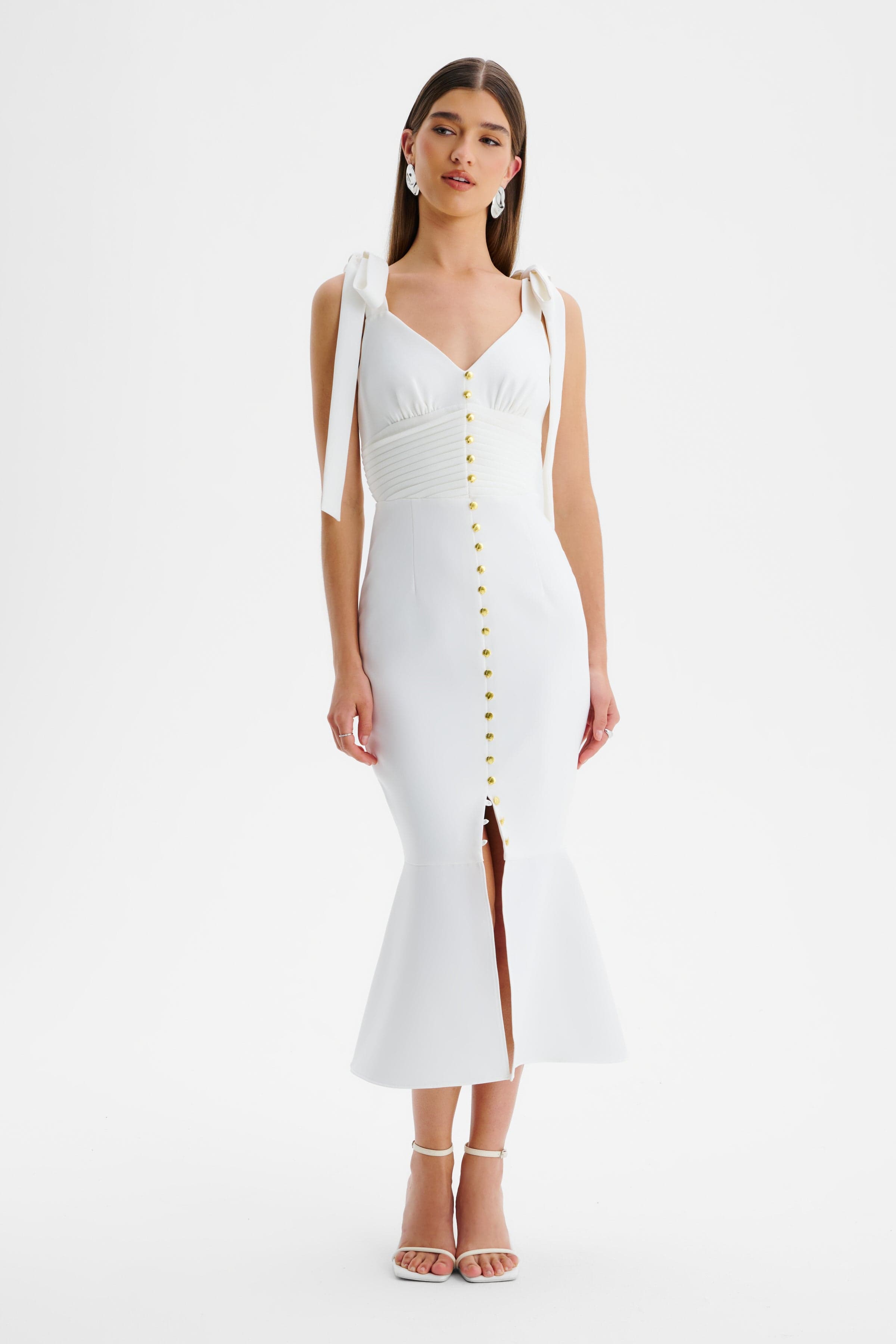 KAMILA Tie Strap Micro Shell Button Midi Dress in White