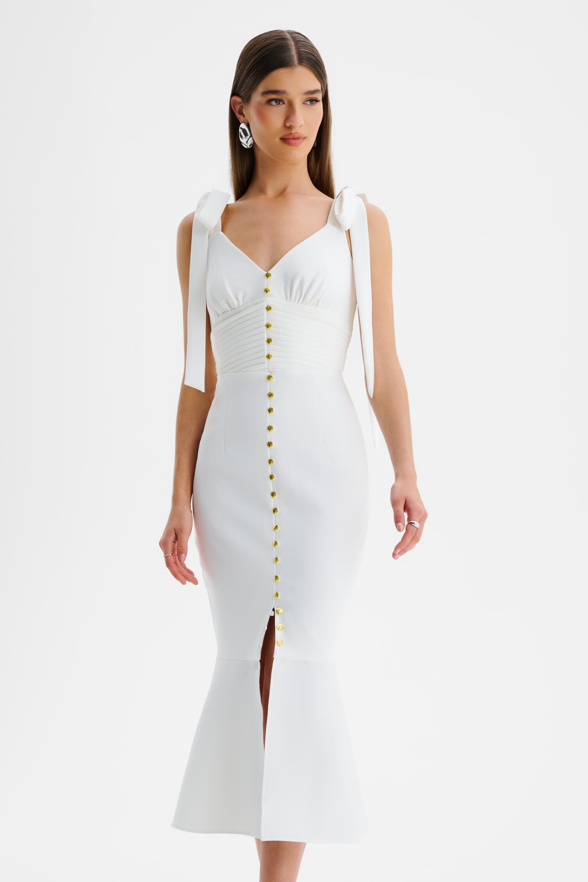 KAMILA Tie Strap Micro Shell Button Midi Dress in White