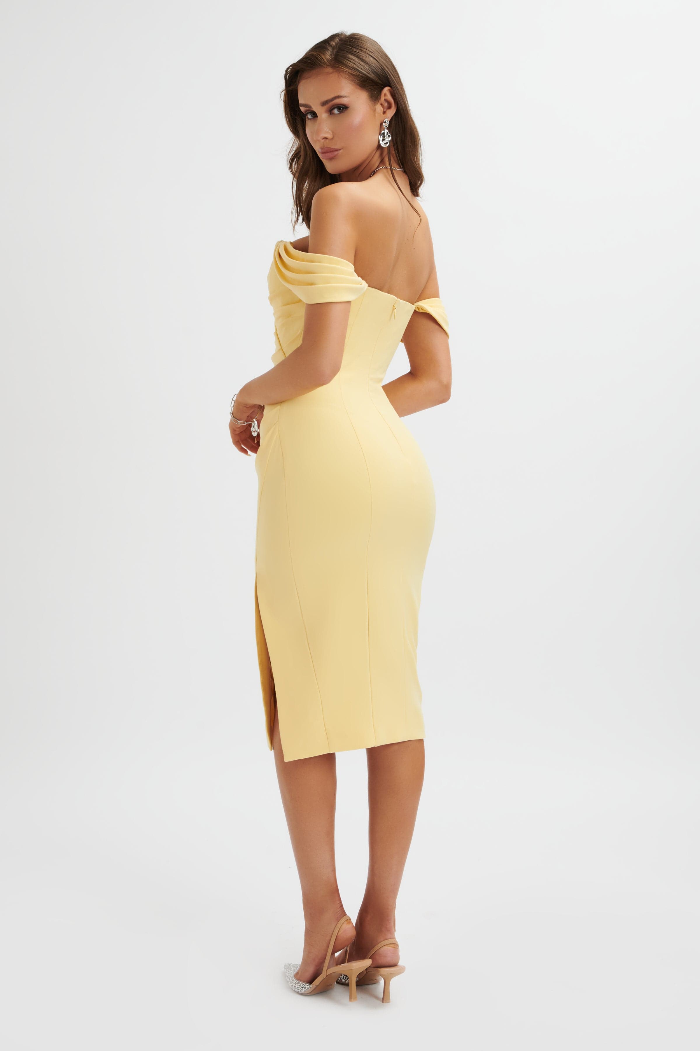 JULIA Pleated Bardot Midi Dress In Yellow