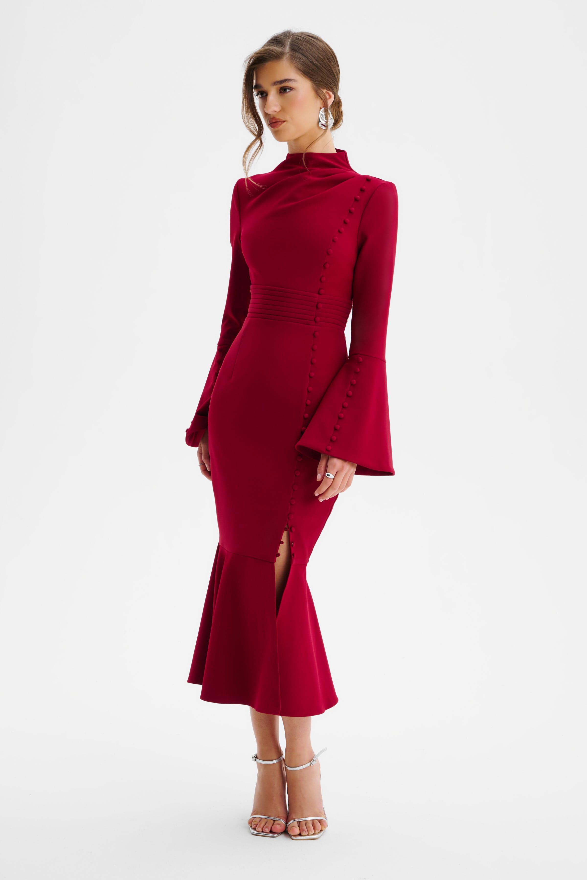 AUBREY High Neck Fluted Sleeve Micro Button Midi Dress in Burgundy