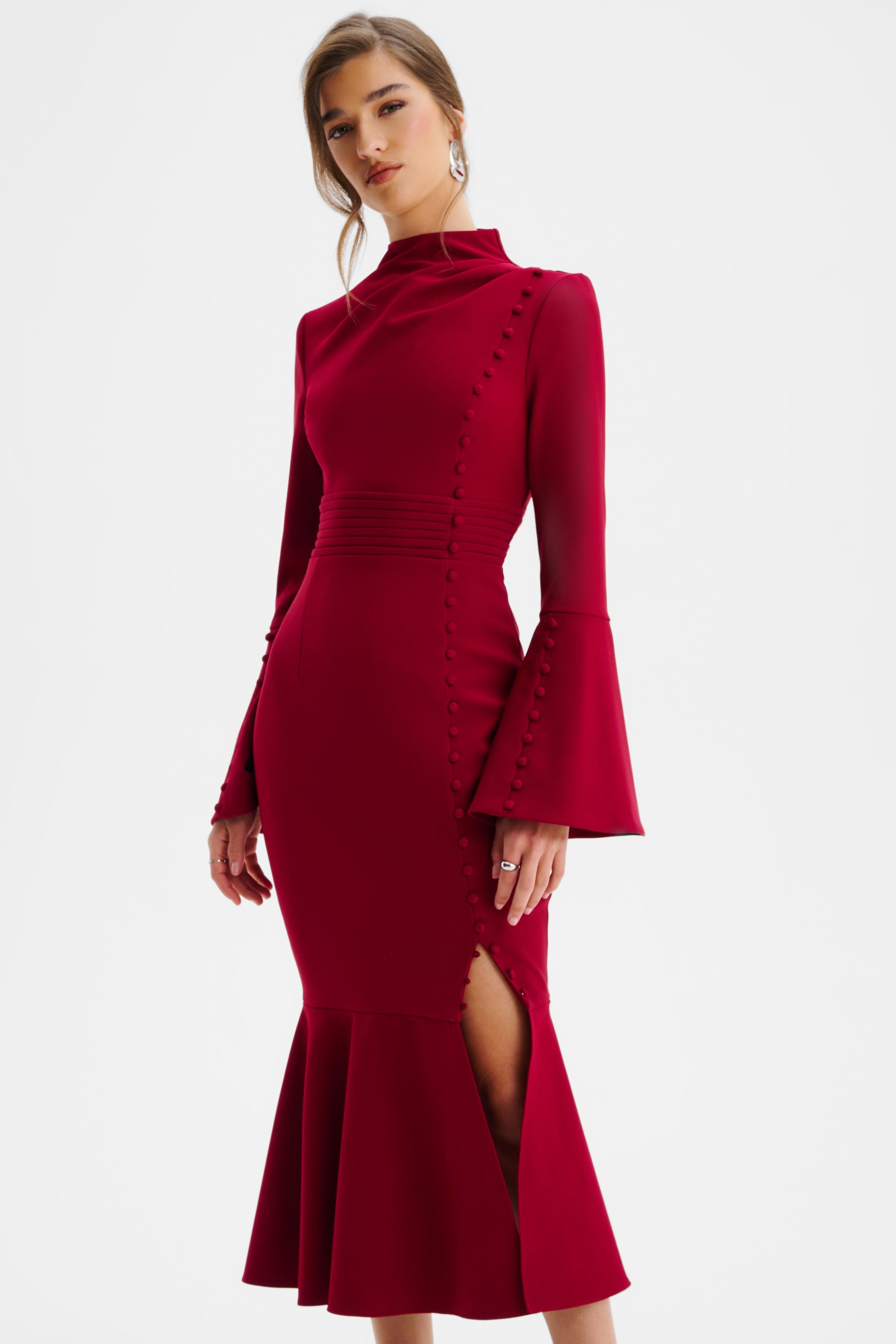 AUBREY High Neck Fluted Sleeve Micro Button Midi Dress in Burgundy
