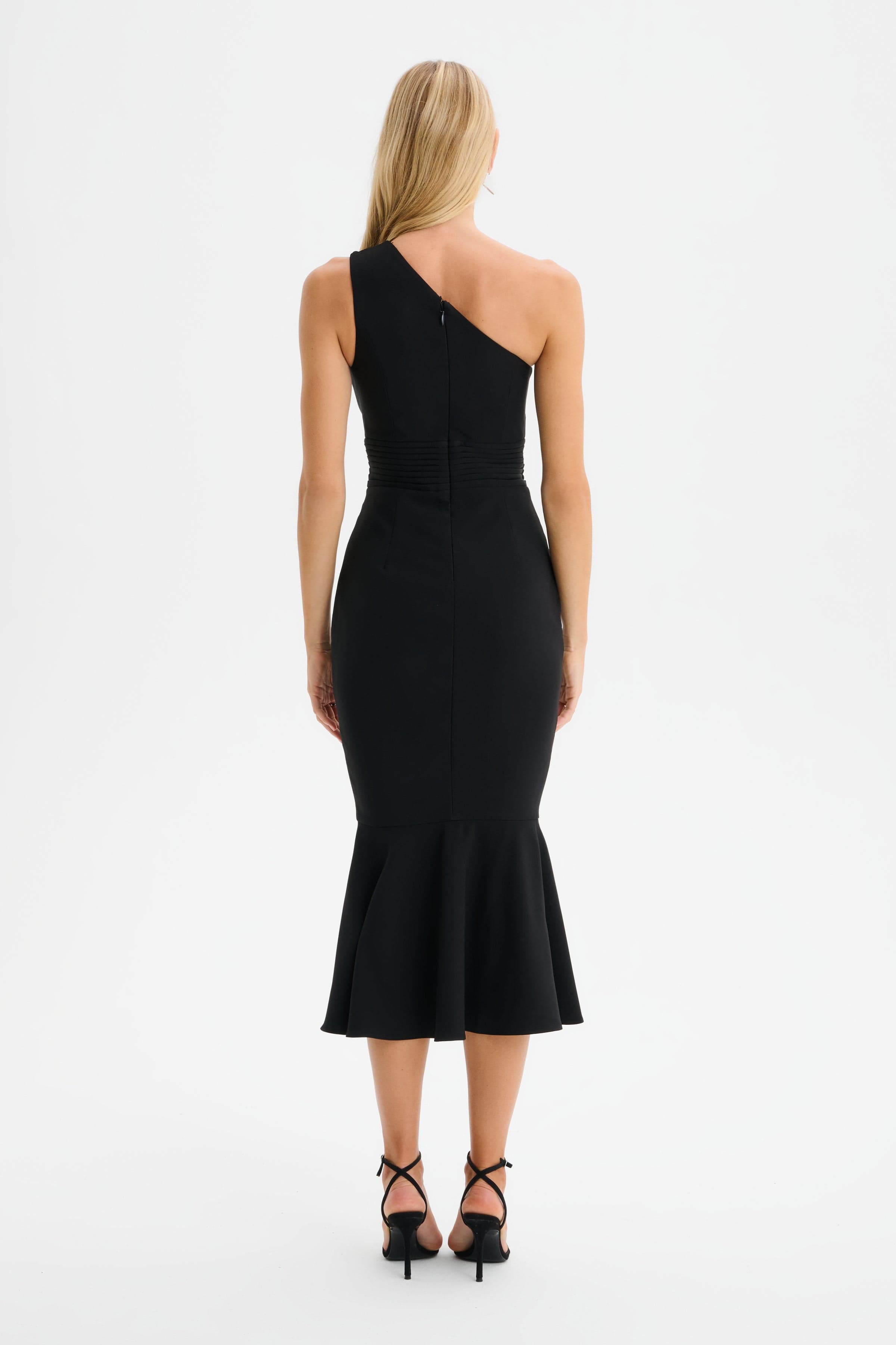 DAHLIA One Shoulder Micro Button Midi Dress in Black