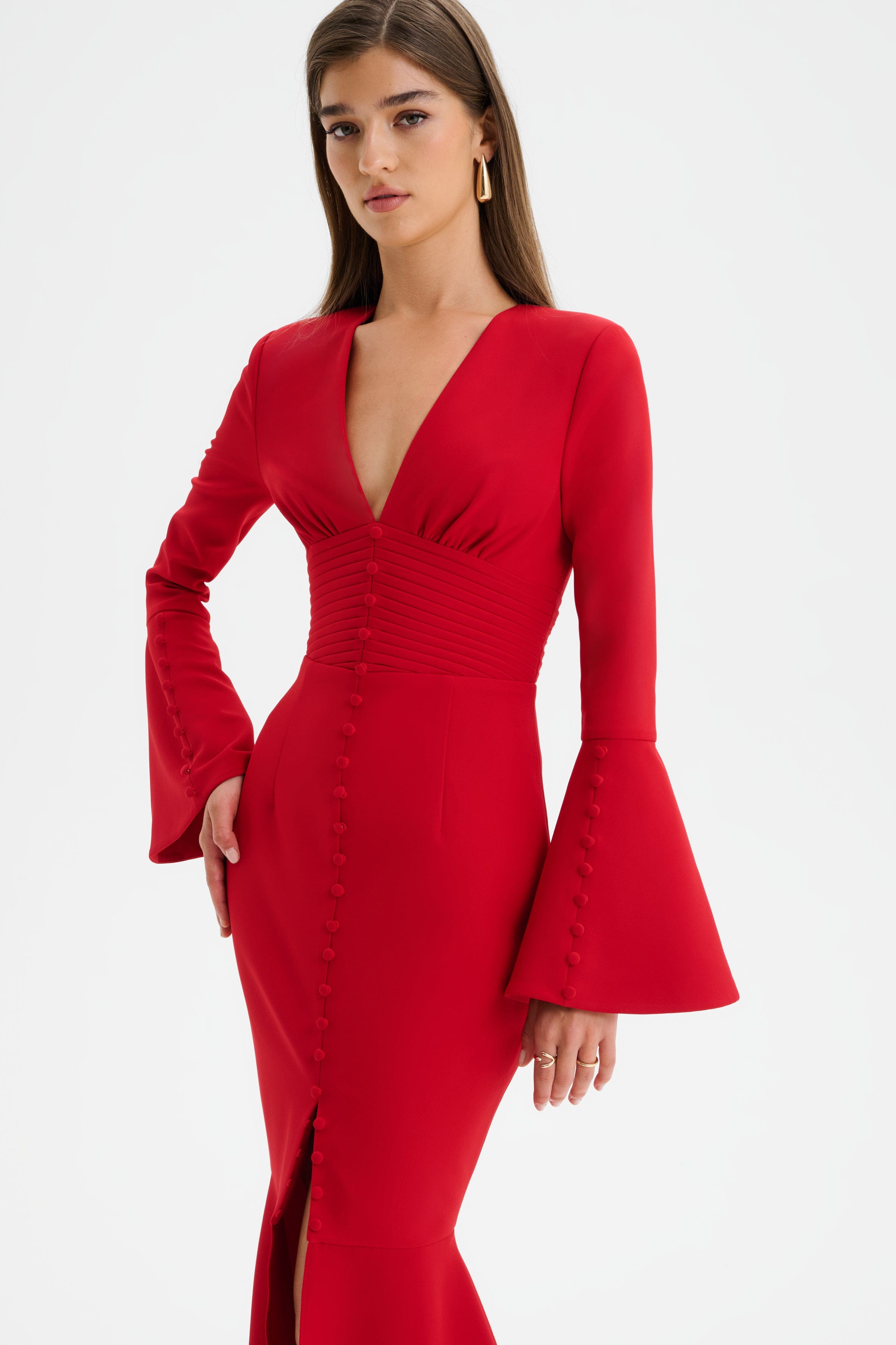 JOSIE Fluted Sleeve Fishtail Maxi Dress in Red
