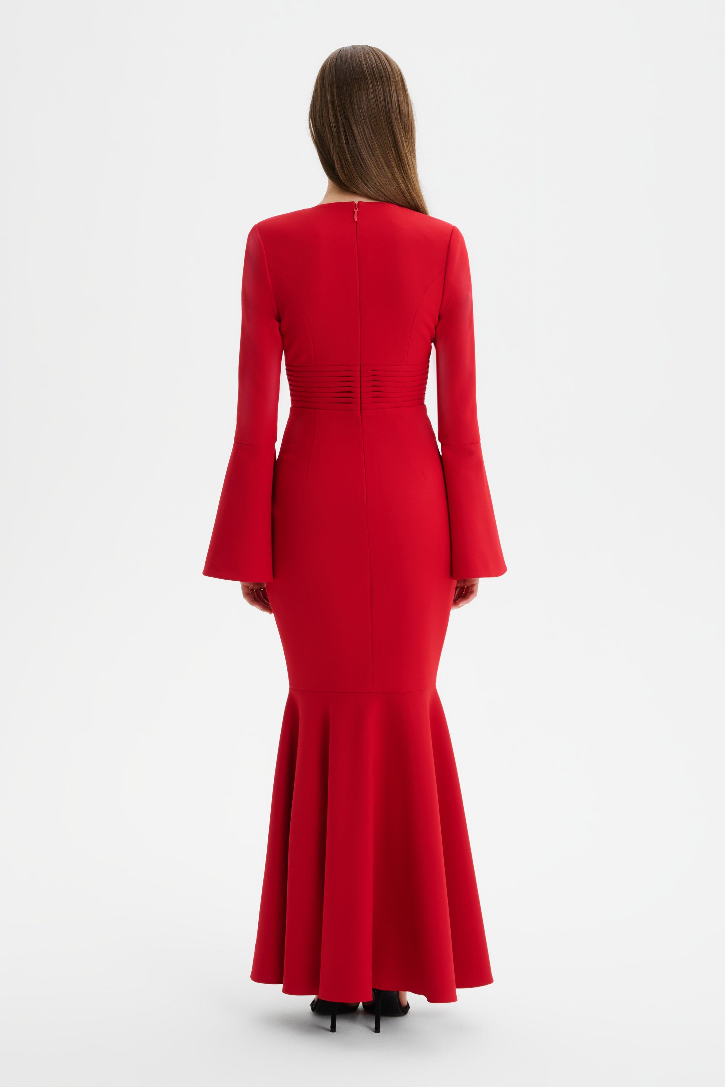 JOSIE Fluted Sleeve Fishtail Maxi Dress in Red