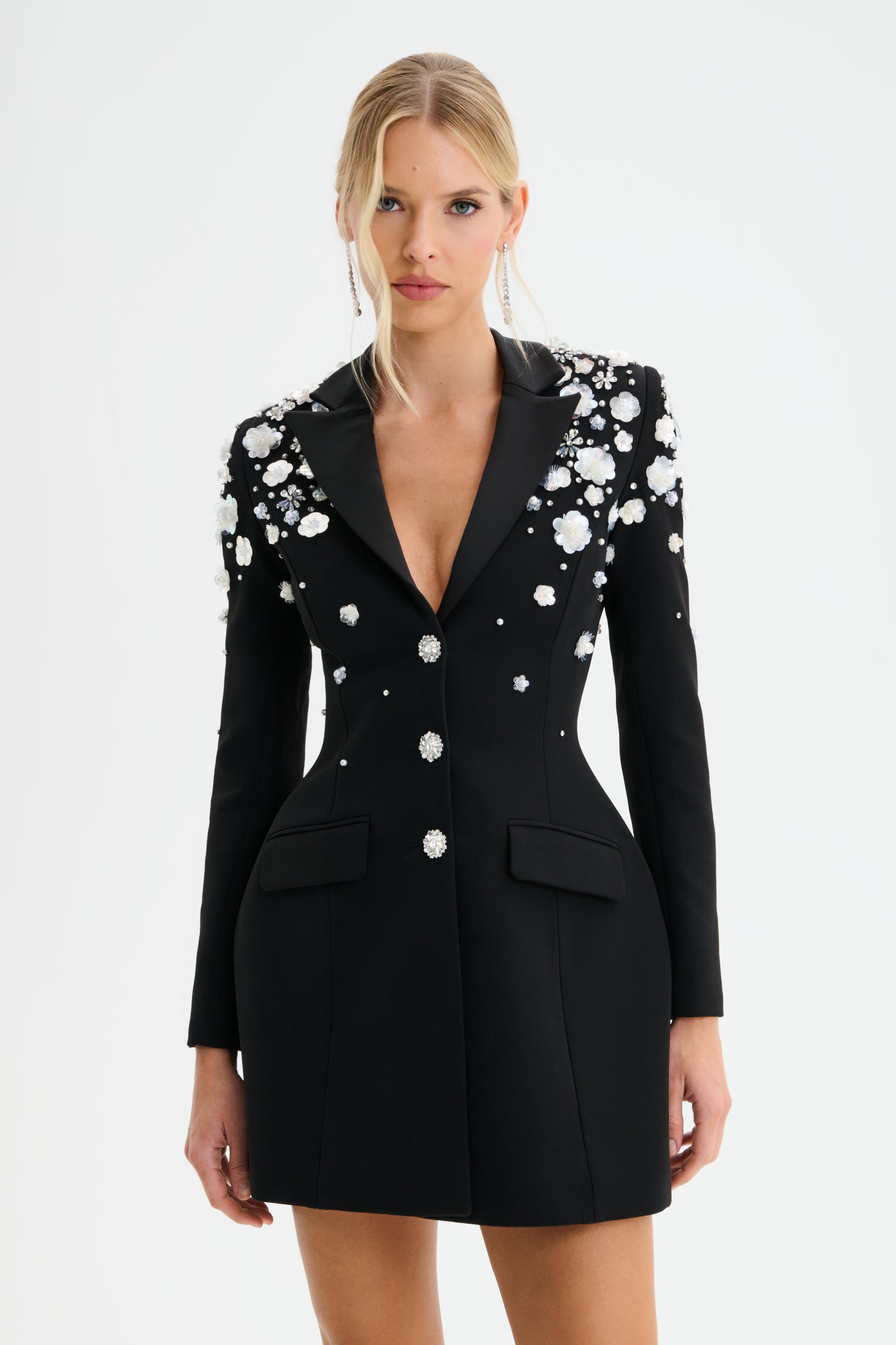 LOLA Ombre Embellished Hourglass Structured Blazer Mini Dress in Black