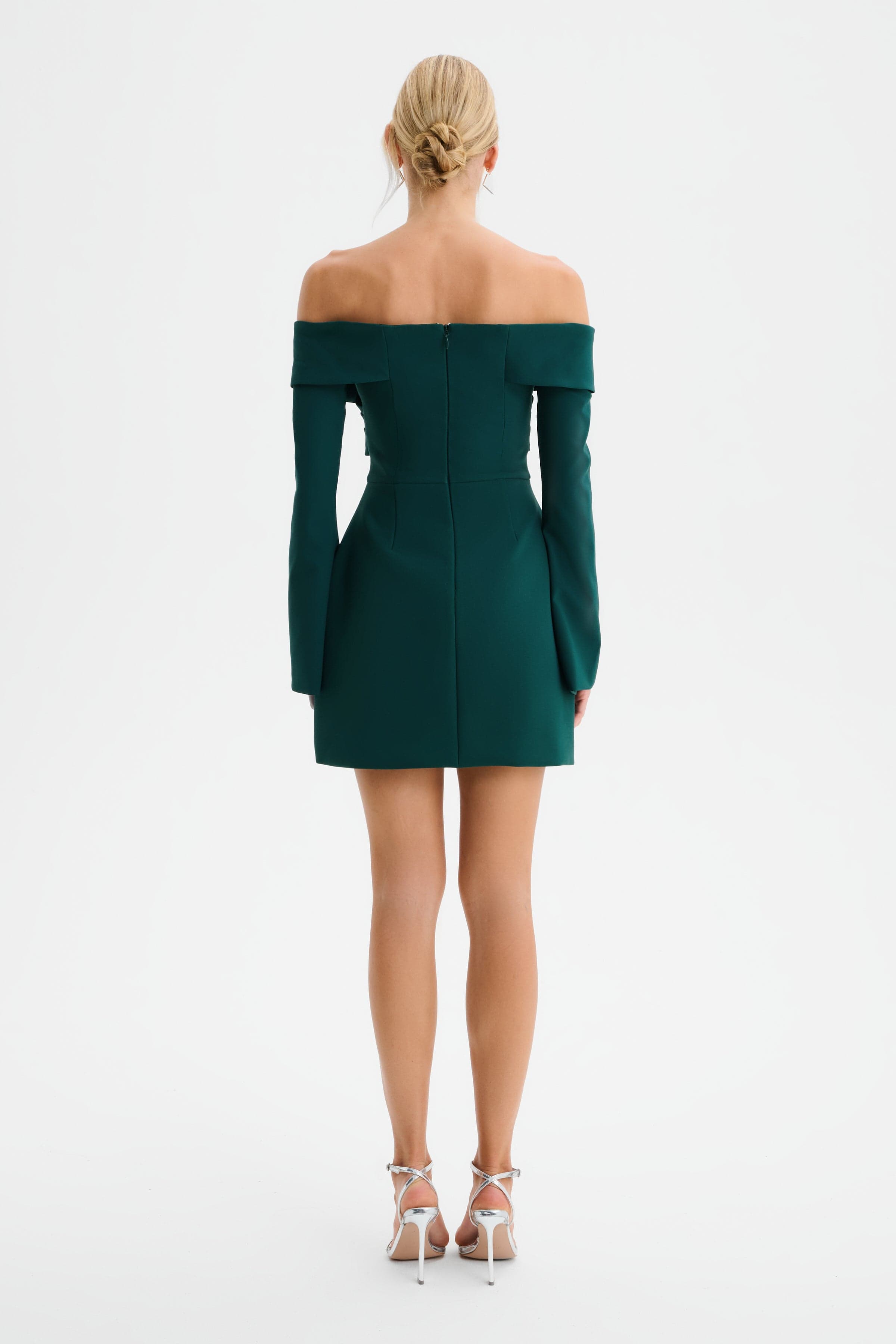 BONNIE Off Shoulder Tulip Mini Dress with Corsetry Detail in Emerald Green