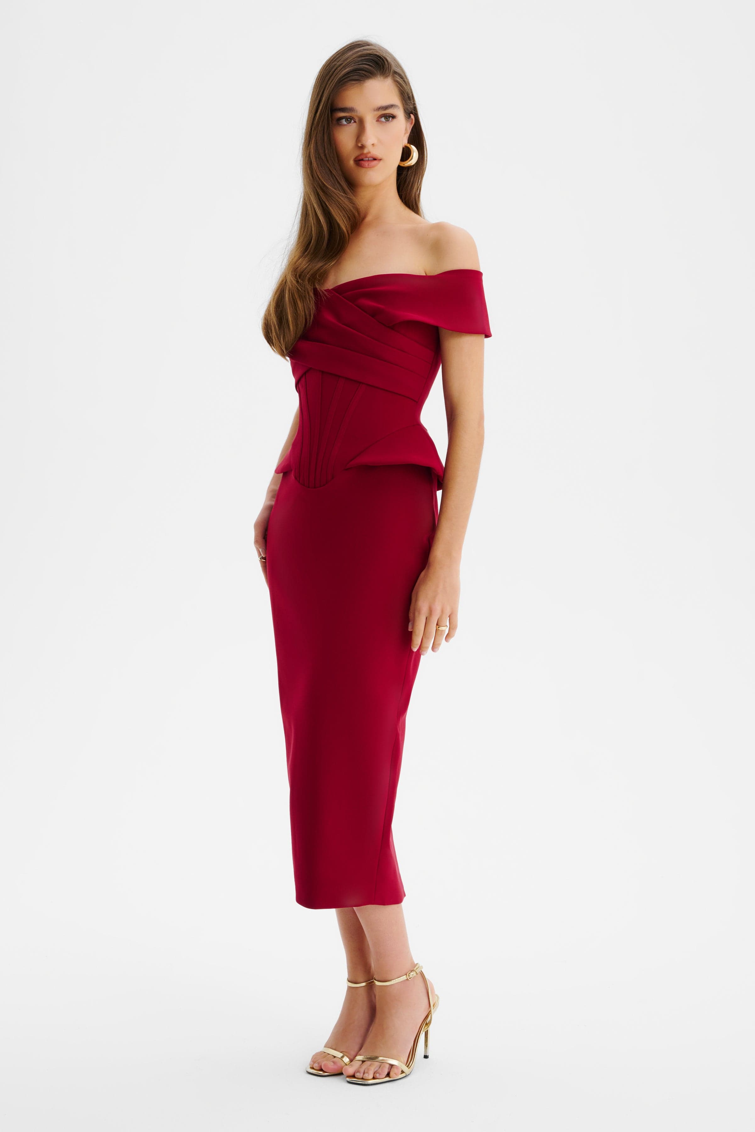 BETHANY Off Shoulder Midi Dress with Corsetry Detail in Burgundy
