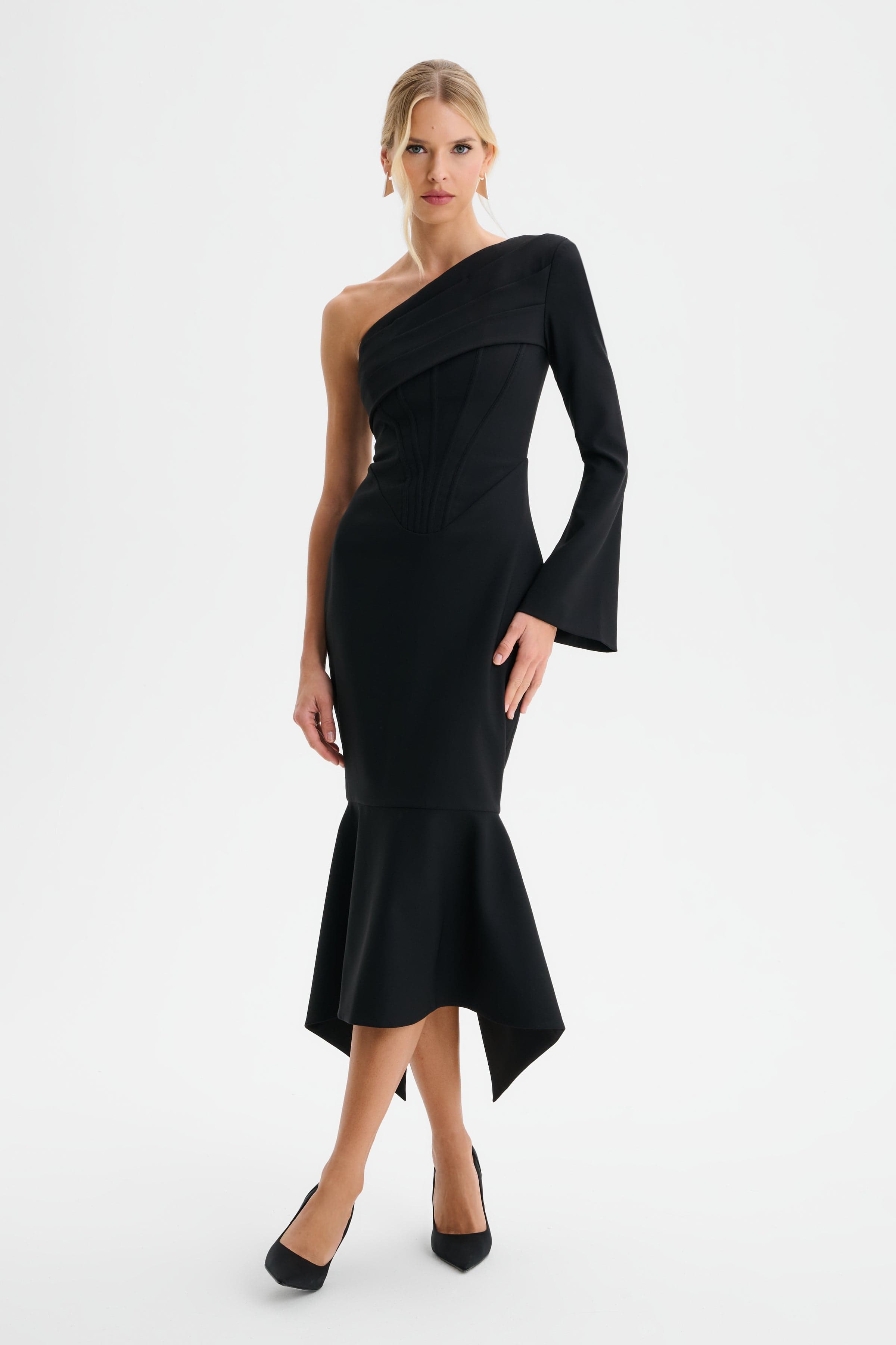ARIANNA One Shoulder Corset Detail Fishtail Midi Dress in Black