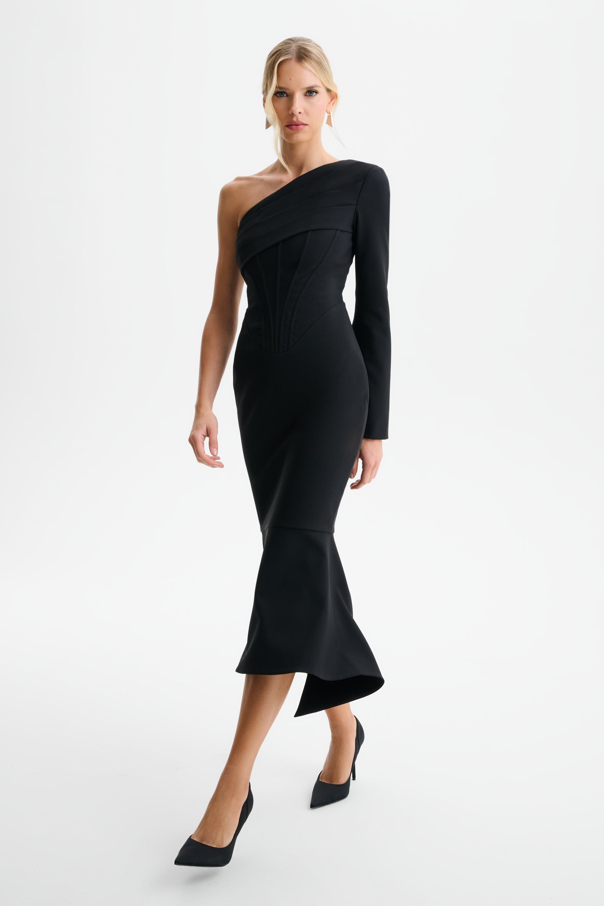 ARIANNA One Shoulder Corset Detail Fishtail Midi Dress in Black