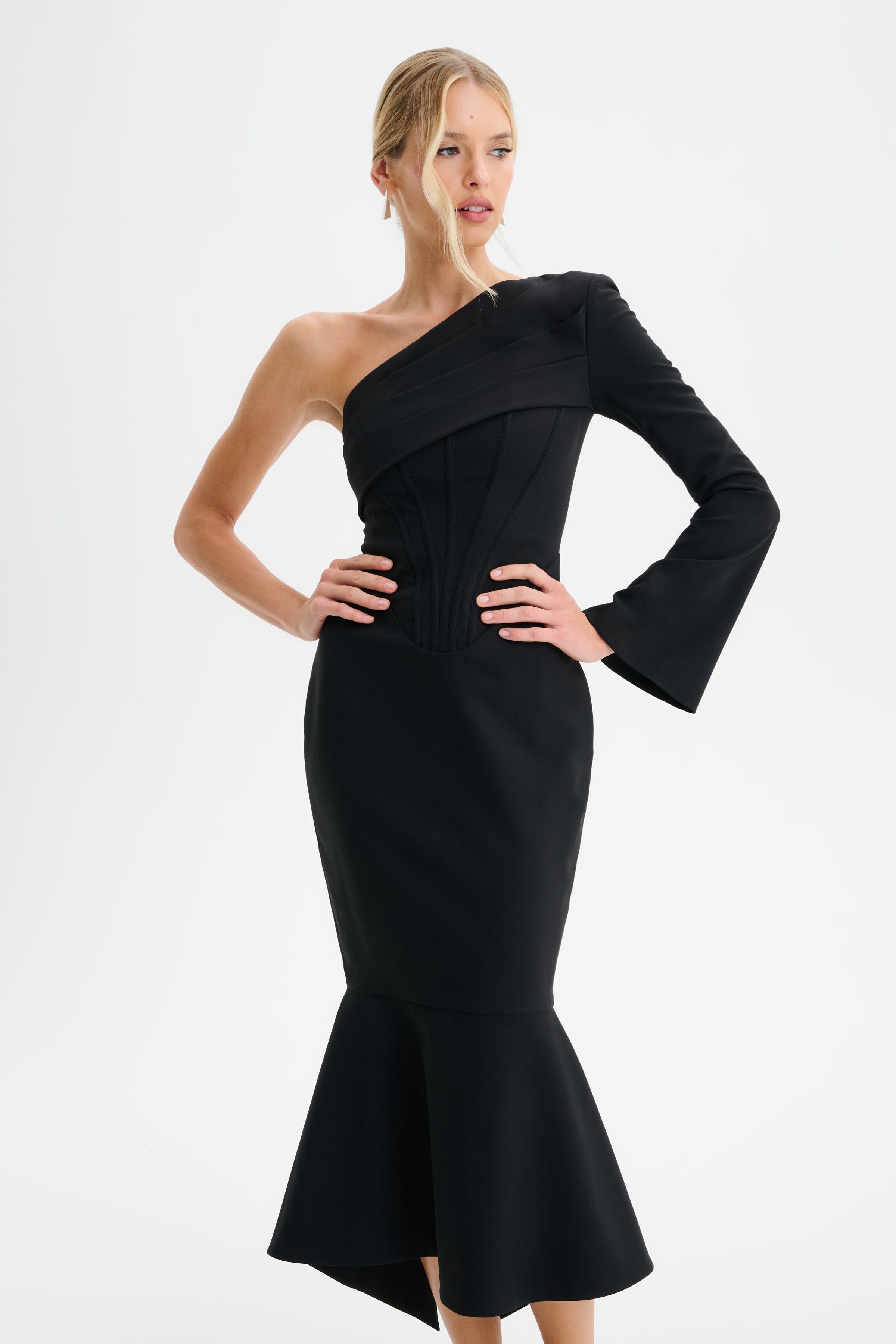 ARIANNA One Shoulder Corset Detail Fishtail Midi Dress in Black