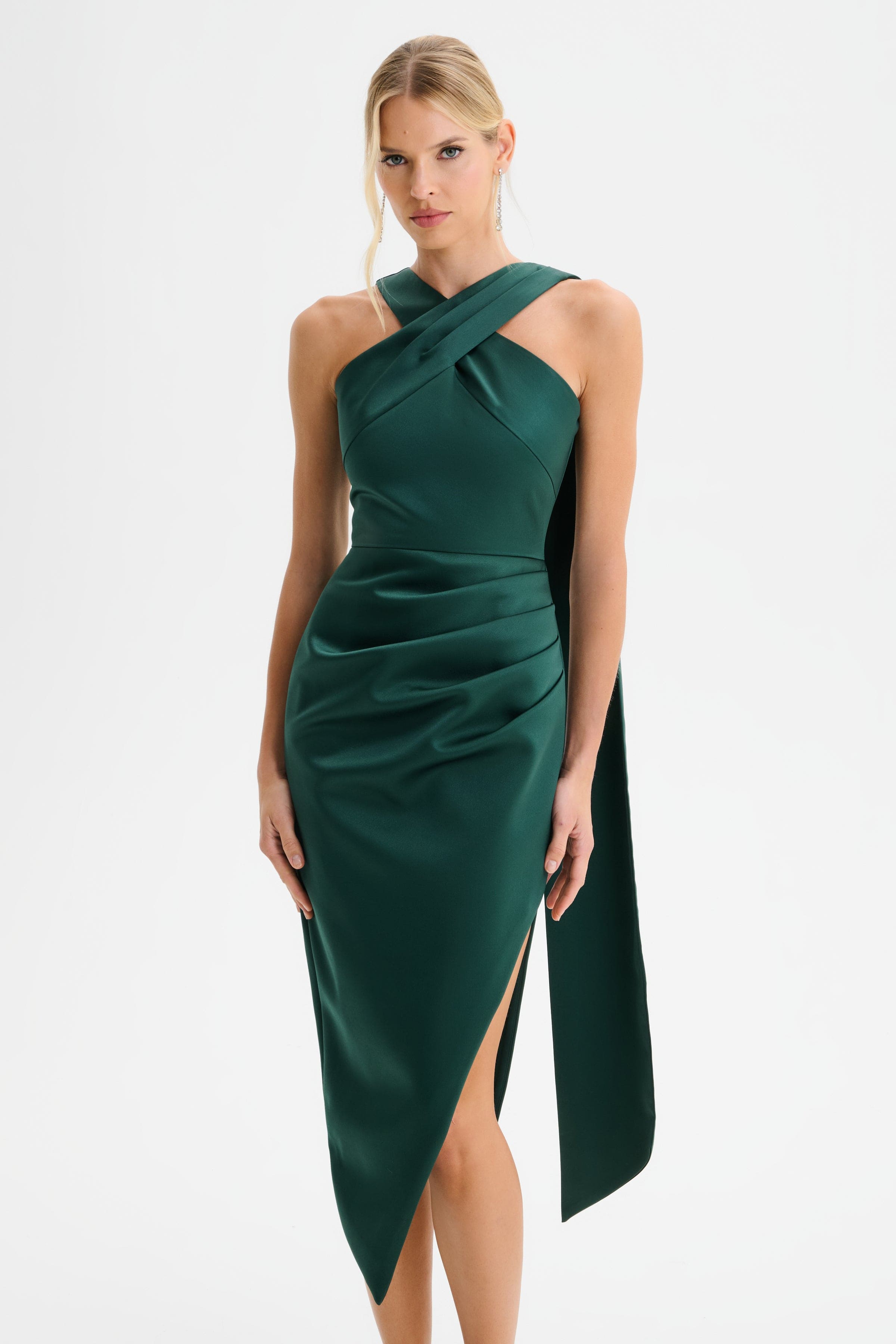 ROSE Cross Neck Bonded Satin Midi Dress with Drape in Emerald