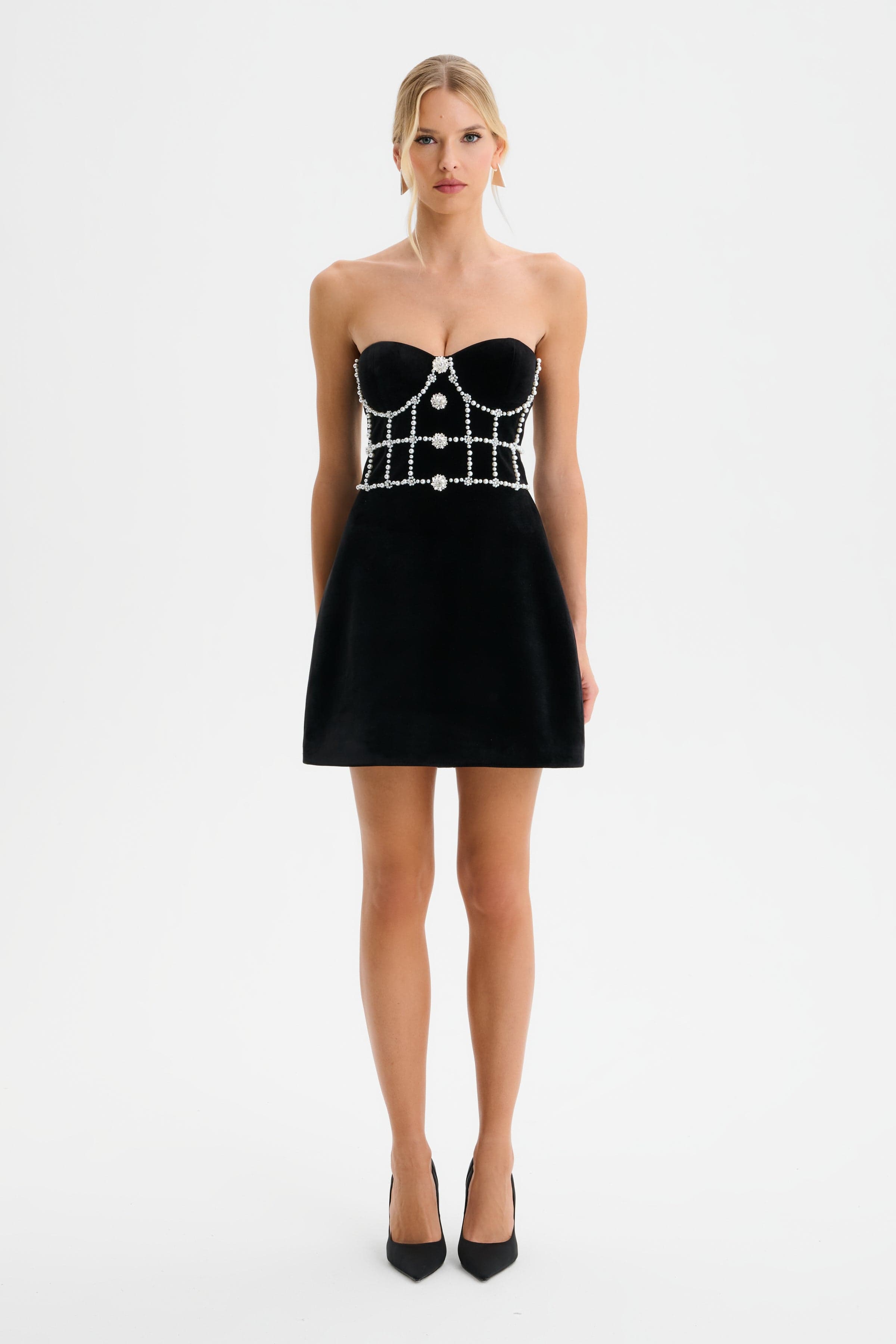 MASIE Pearl Embellished Velvet Tulip Dress in Black