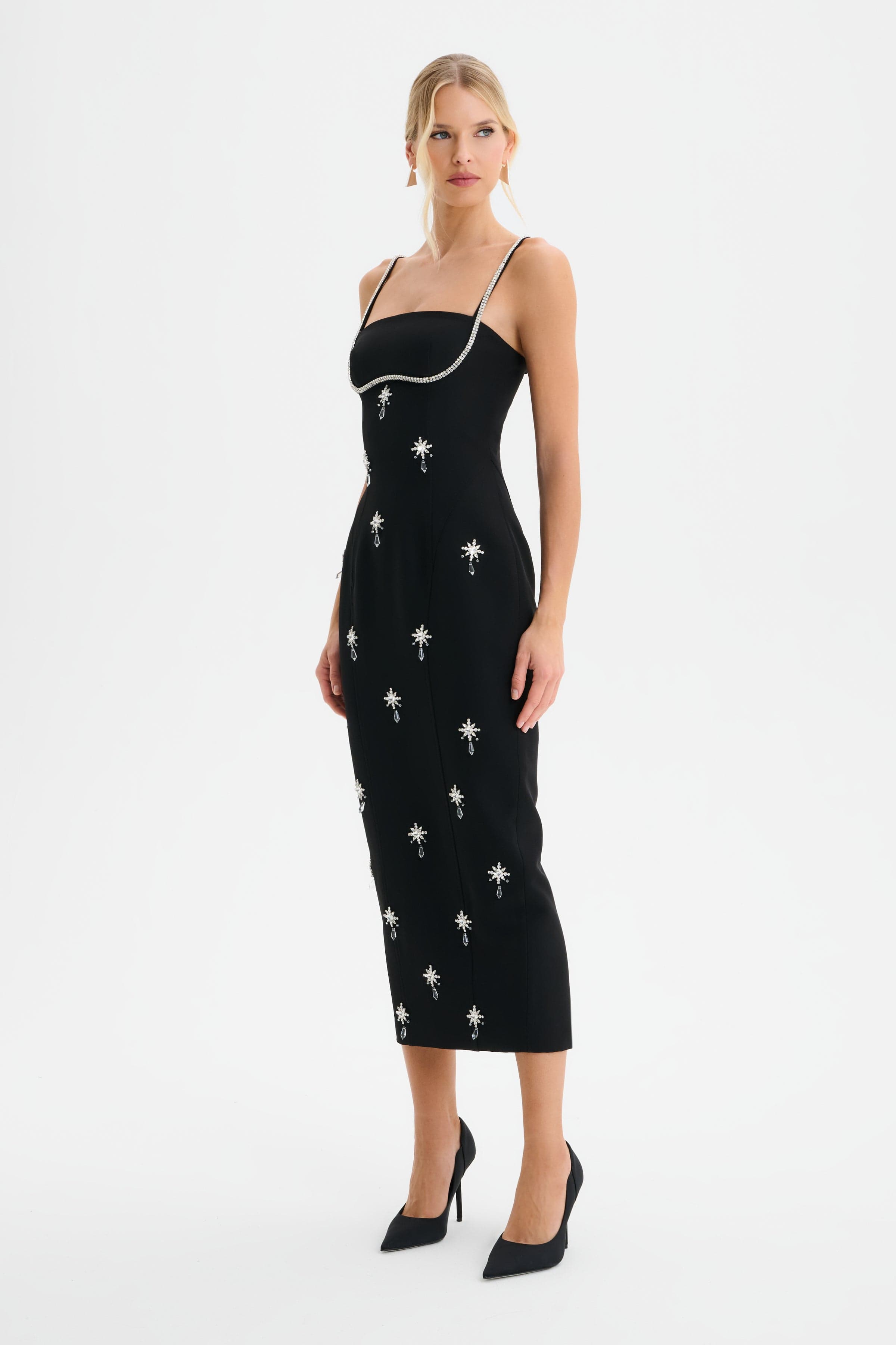 DAISY Hand Embellished Contour Tailored Midi Dress in Black